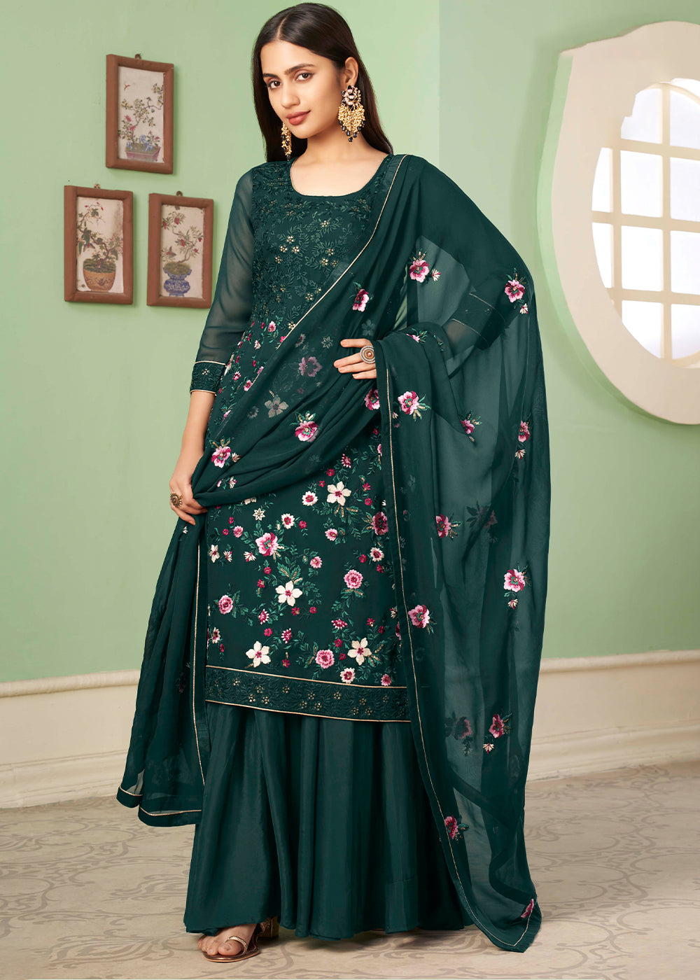 Sacramento Green Georgette Salwar Suit with Multi Colour Thread Embroidery & Sequence work - qivii