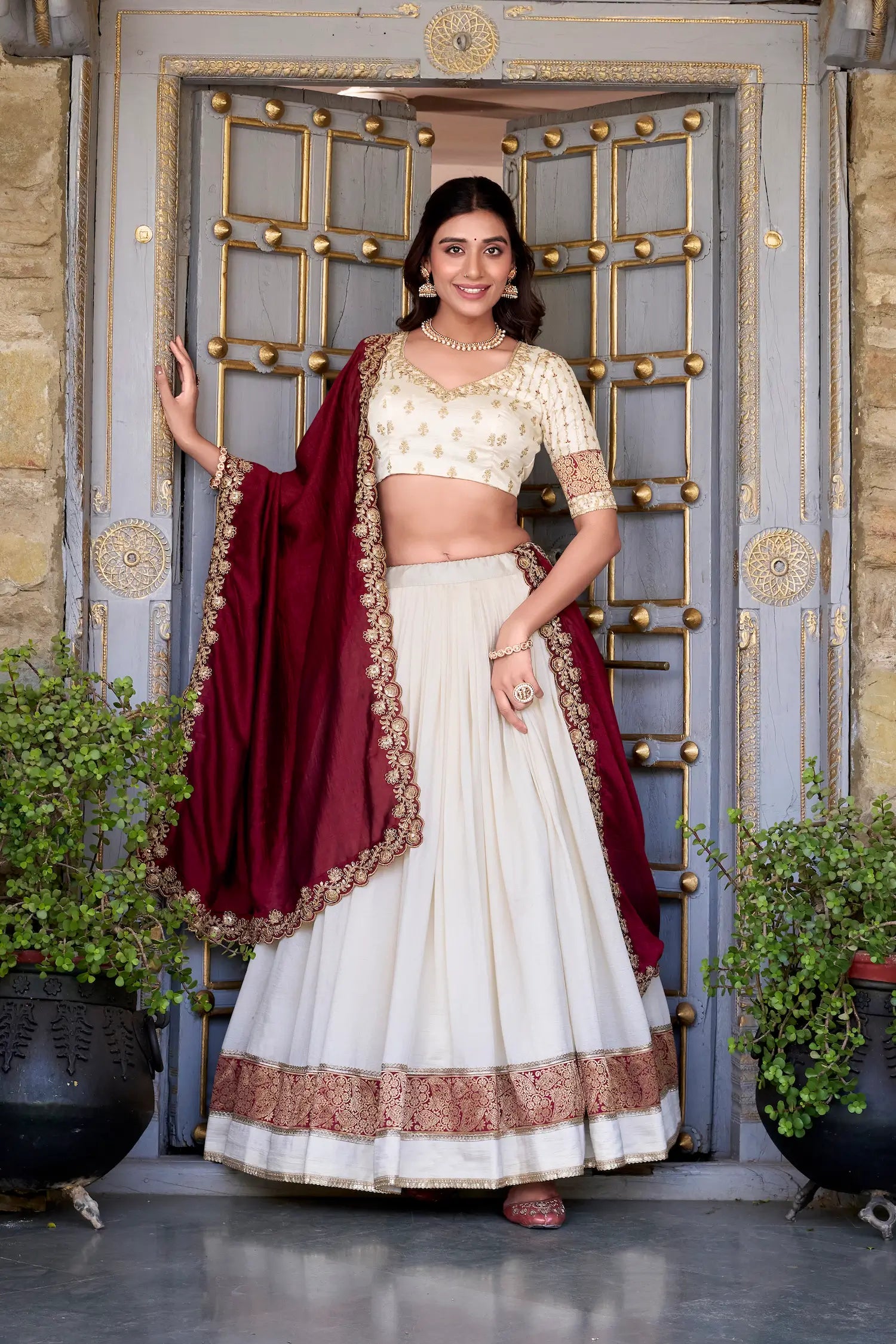 Off White Vichitra Silk Lehenga Choli With Zari Weaving Work & Sequins Touch Up - qivii