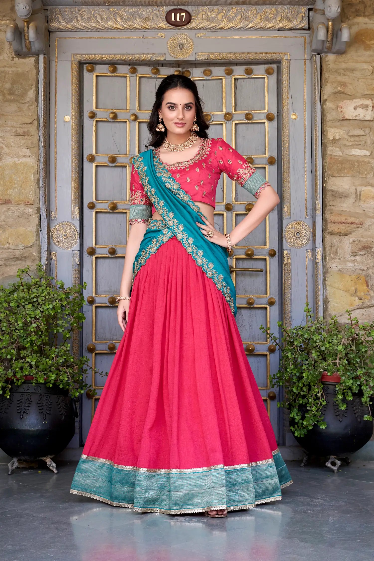 Pink Vichitra Silk Lehenga Choli With Zari Weaving Work & Sequins Touch Up - qivii
