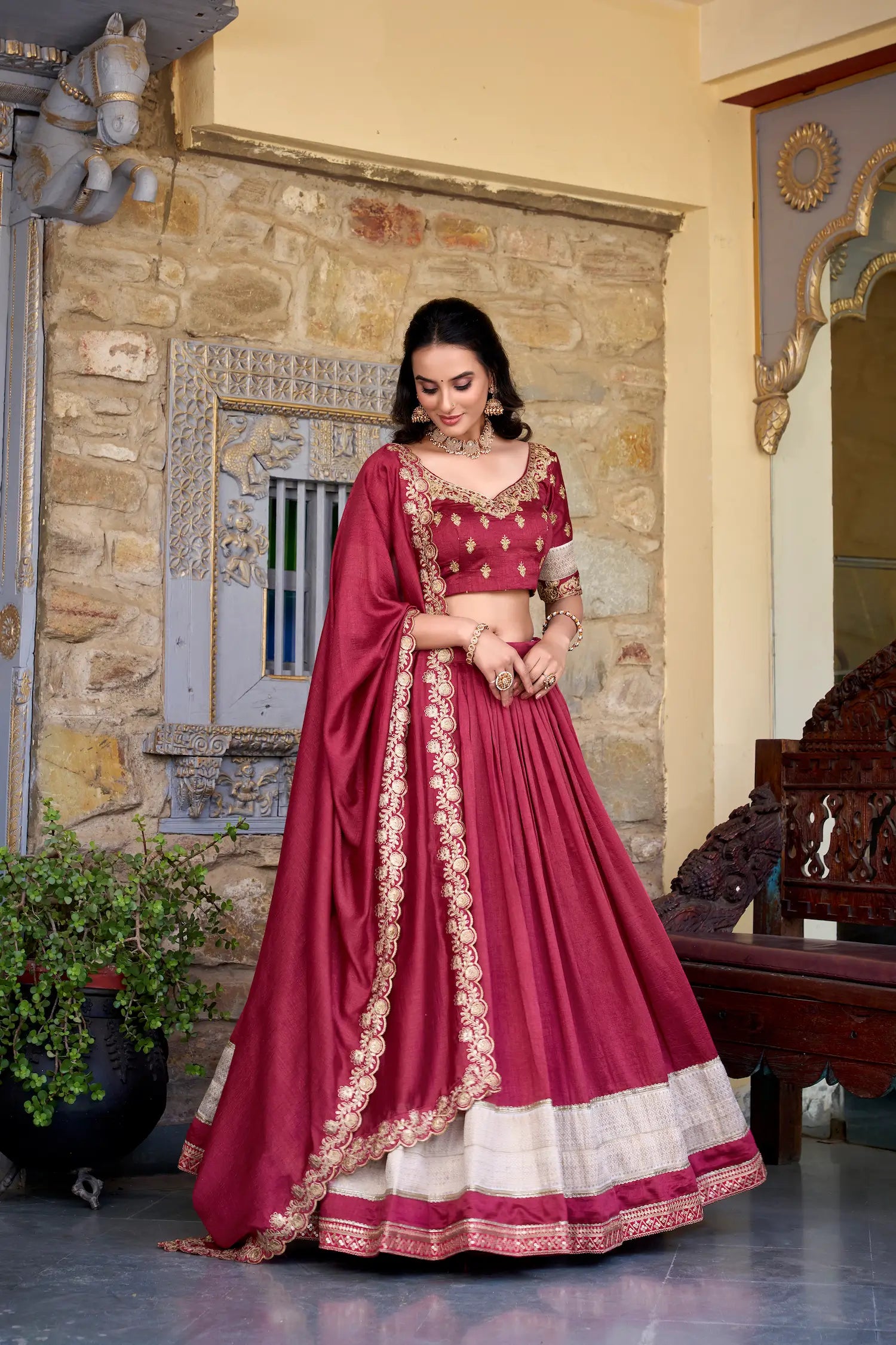Rani Pink Vichitra Silk Lehenga Choli With Zari Weaving Work & Sequins Touch Up - qivii