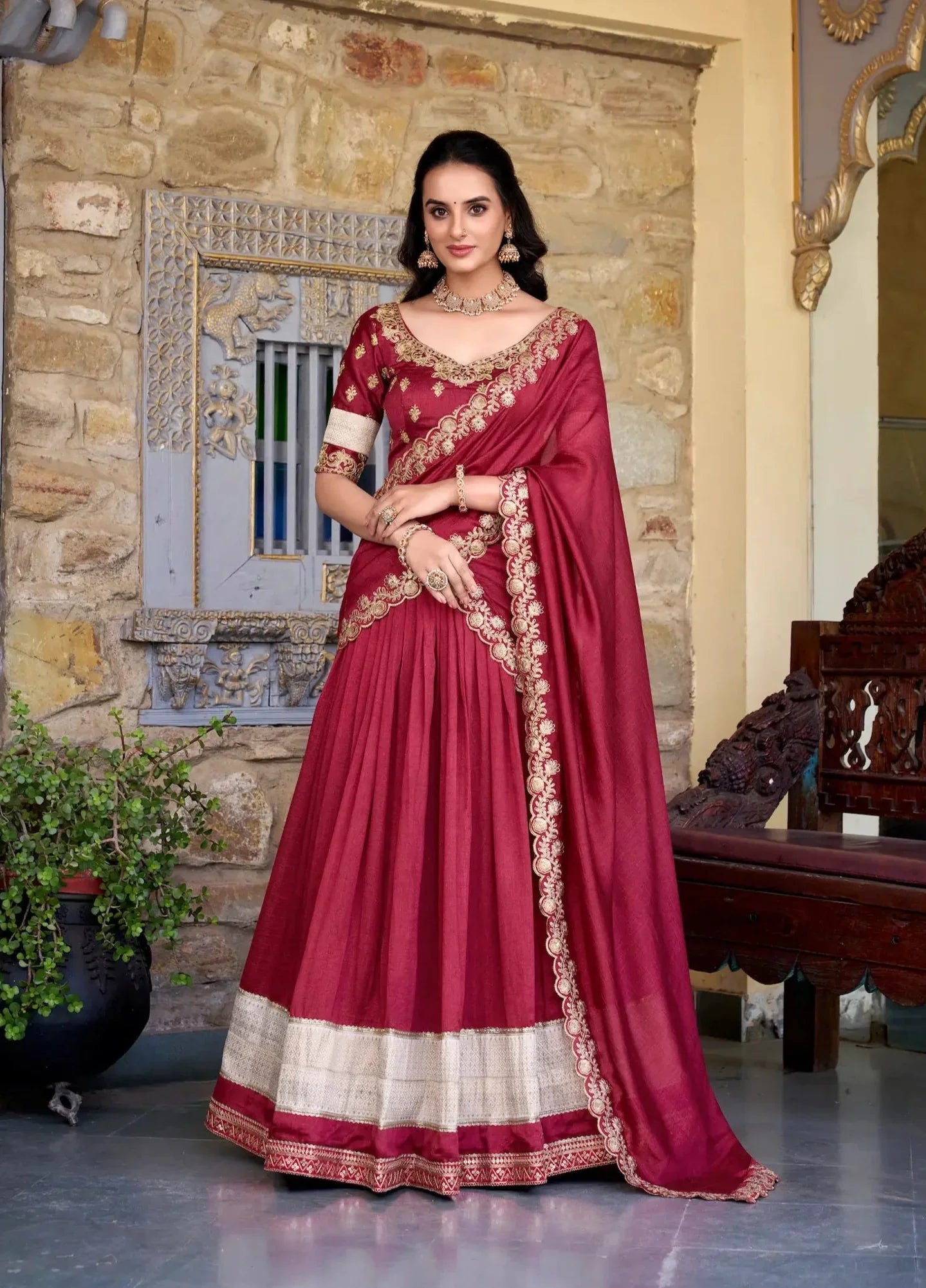 Rani Pink Vichitra Silk Lehenga Choli With Zari Weaving Work & Sequins Touch Up - qivii