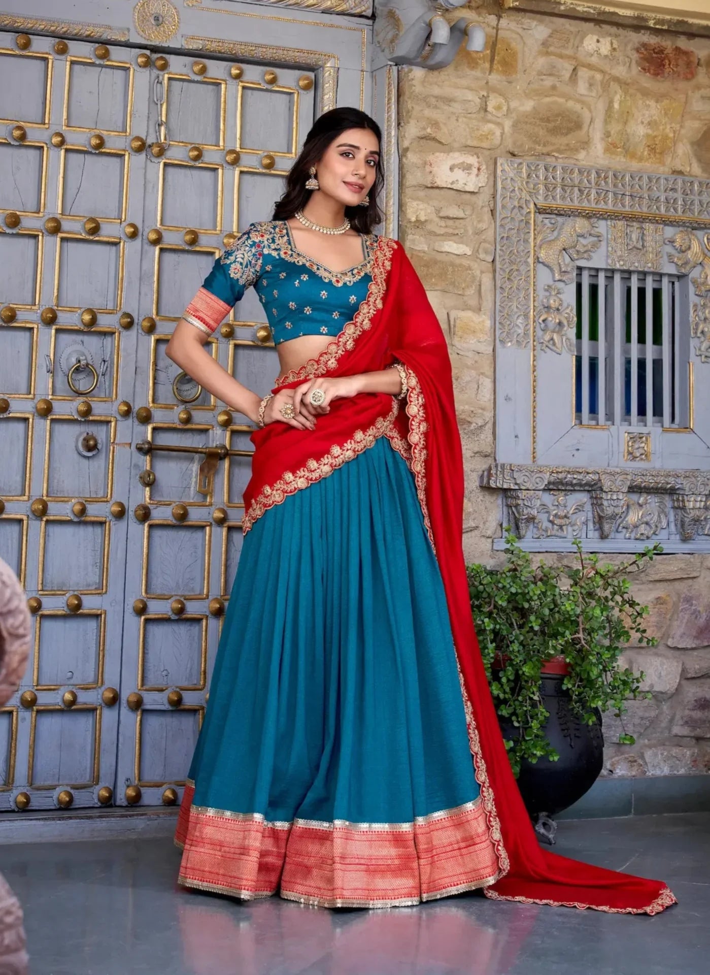 Teal Blue Vichitra Silk Lehenga Choli With Zari Weaving Work & Sequins Touch Up - qivii