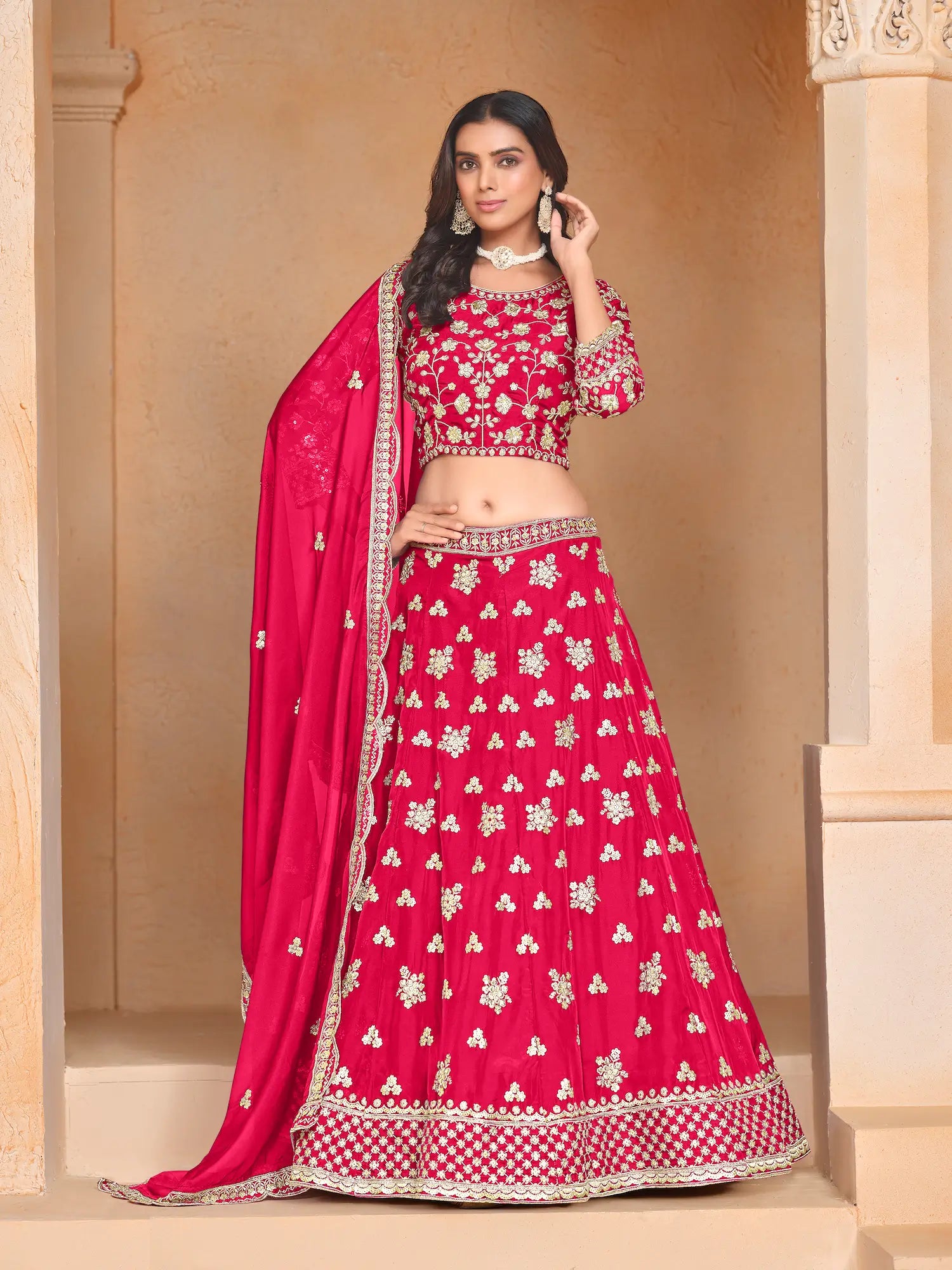 Red Organza Lehenga Choli With Thread & Sequence Embroidery Work - qivii