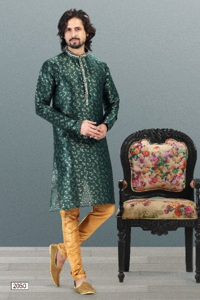 Men's Green Jacquard Banarasi Silk Pintux Work Kurta Pajama Set