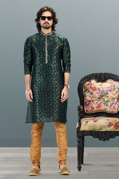 Men's Green Jacquard Banarasi Silk Pintux Work Kurta Pajama Set