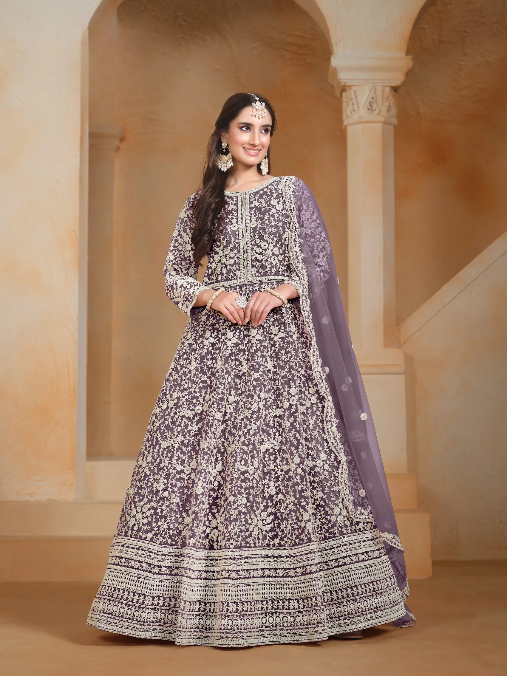 Lavender Net Gown With Sequence & Thread Embroidery Work - qivii