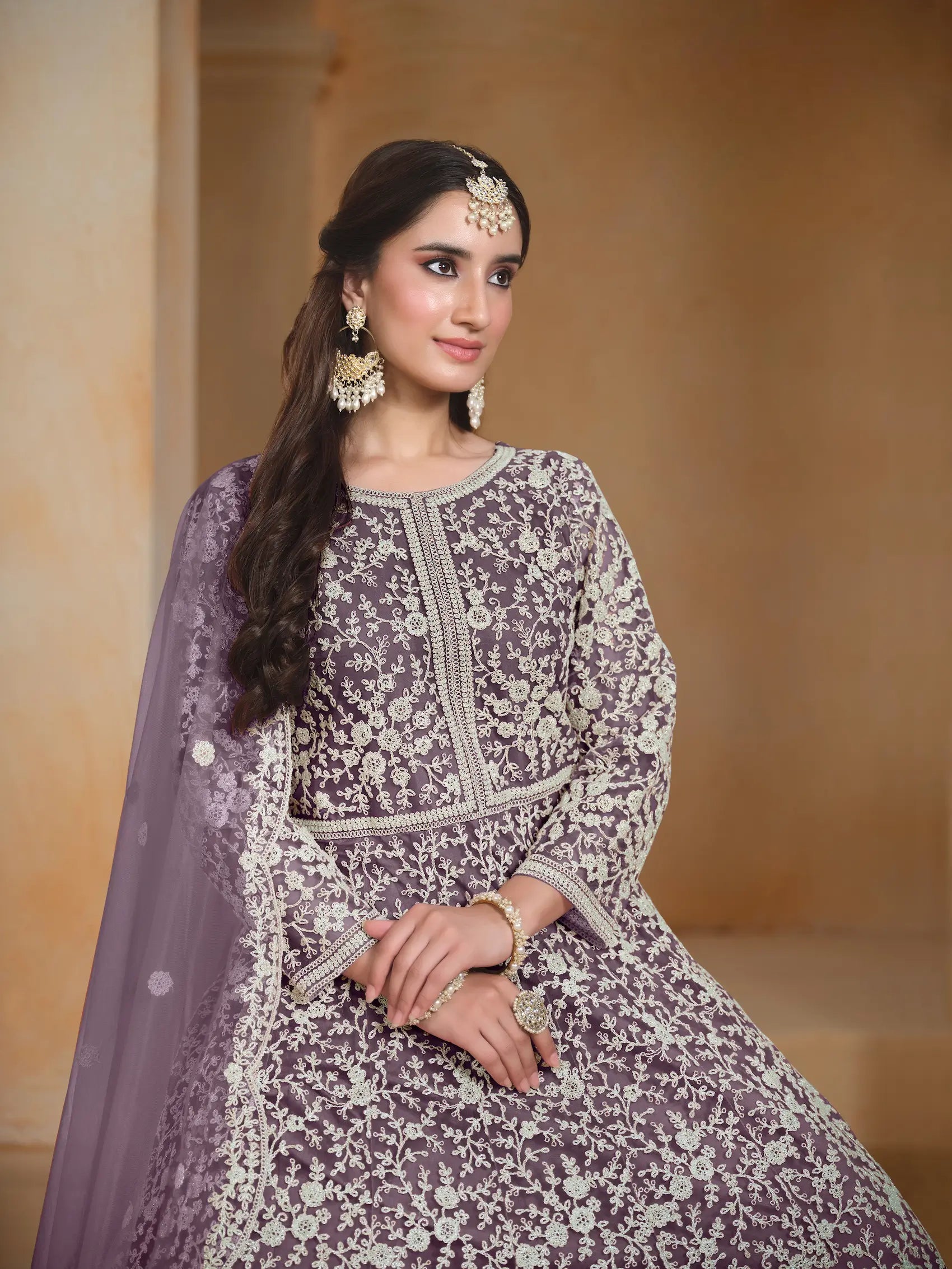 Lavender Net Gown With Sequence & Thread Embroidery Work - qivii