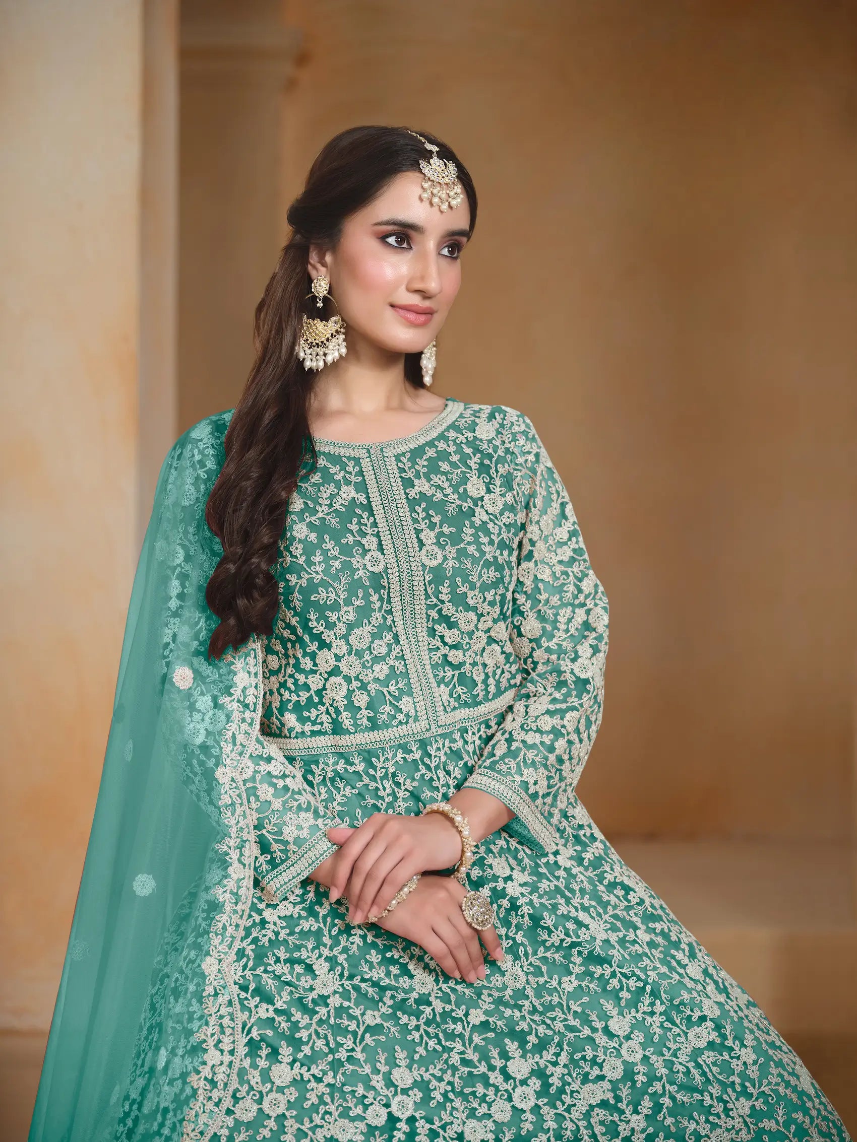 Sky Blue Net Gown With Sequence & Thread Embroidery Work - qivii
