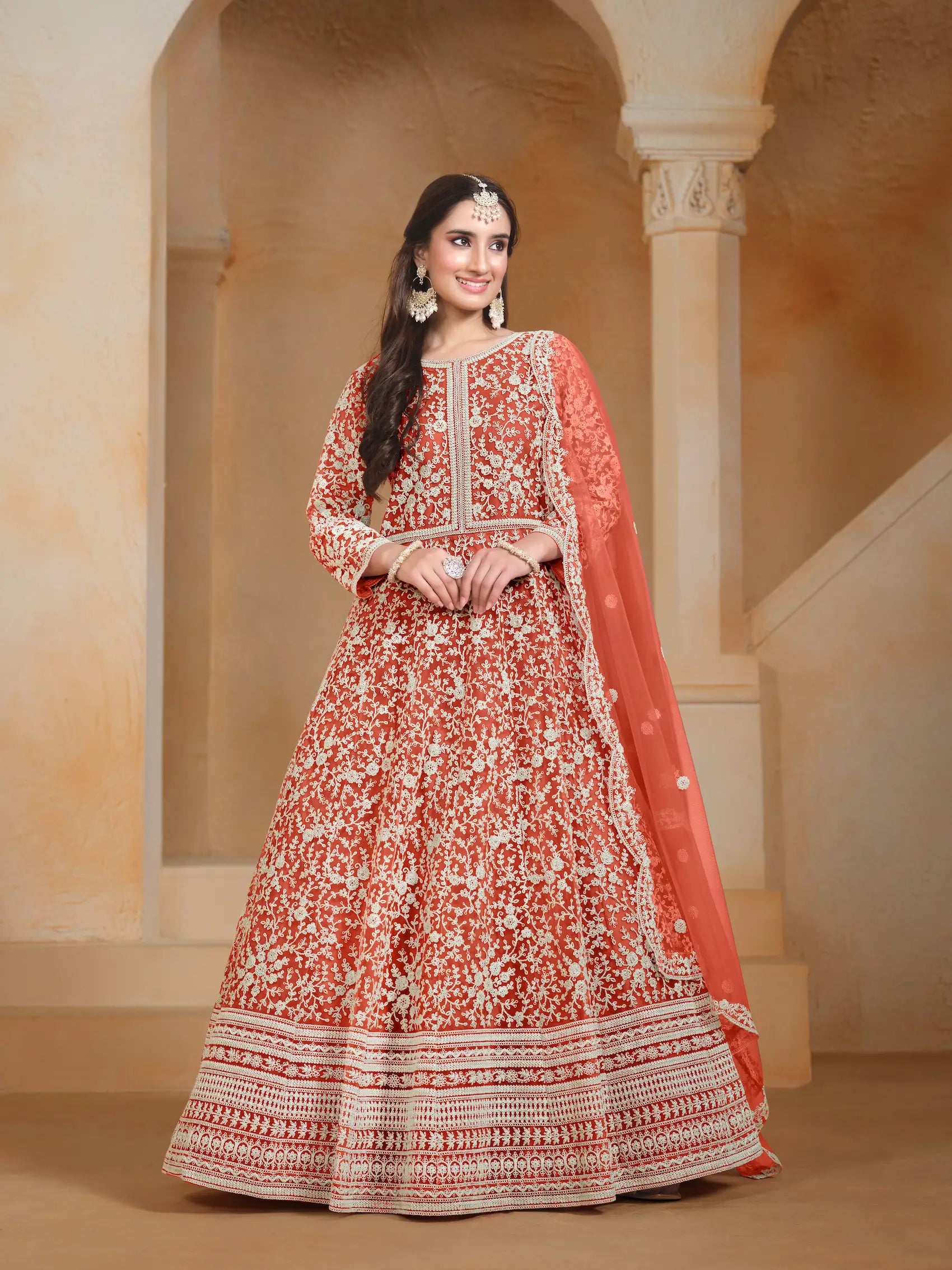 Orange Net Gown With Sequence & Thread Embroidery Work - qivii