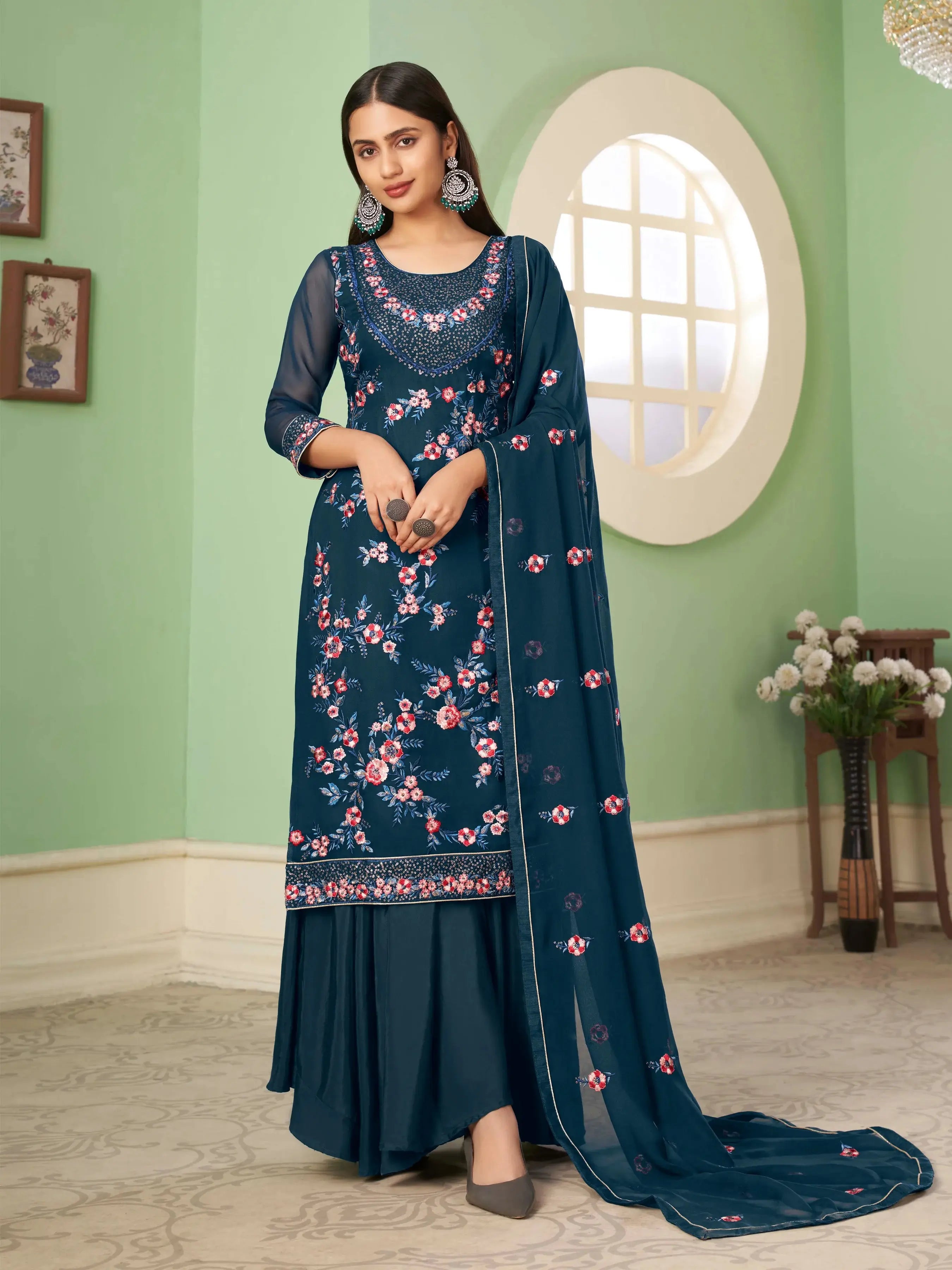 Aegean Blue Heavy Multi-thread Embroidery Work Georgette Palazzo Suit - qivii
