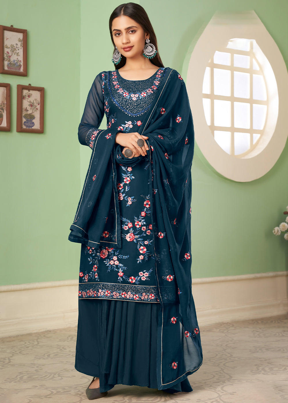 Space Blue Georgette Salwar Suit with Multi Colour Thread Embroidery & Sequence work - qivii