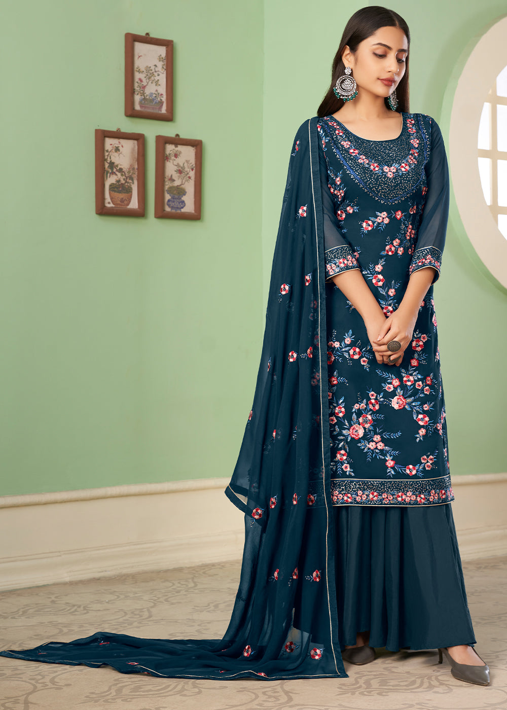 Space Blue Georgette Salwar Suit with Multi Colour Thread Embroidery & Sequence work - qivii