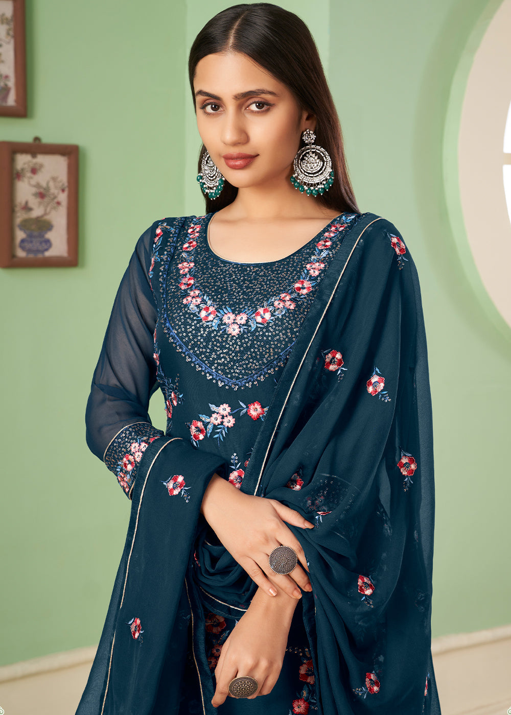 Space Blue Georgette Salwar Suit with Multi Colour Thread Embroidery & Sequence work - qivii
