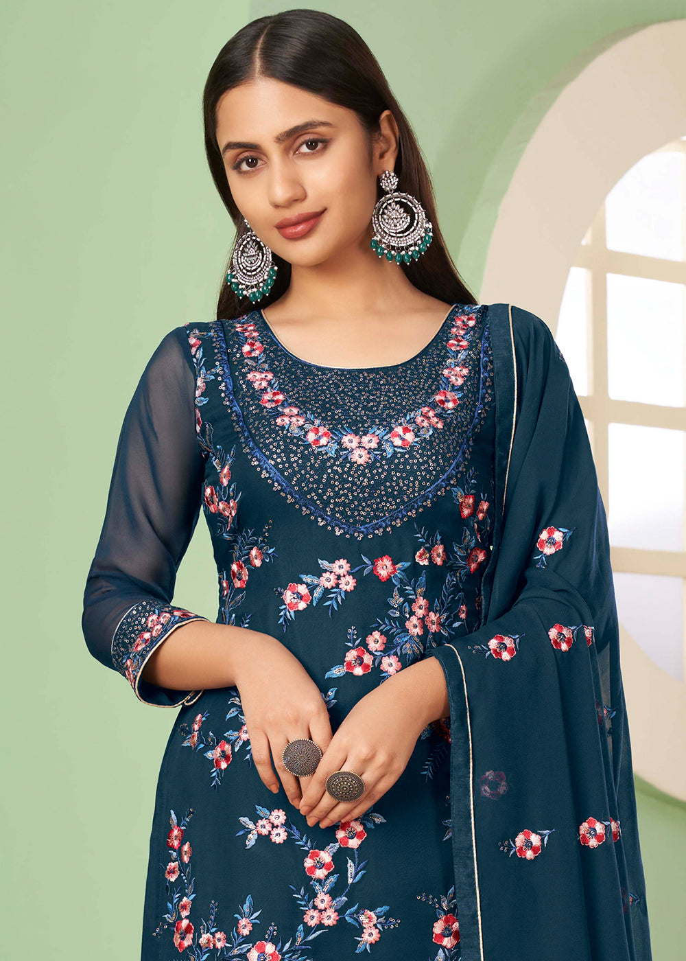Space Blue Georgette Salwar Suit with Multi Colour Thread Embroidery & Sequence work - qivii