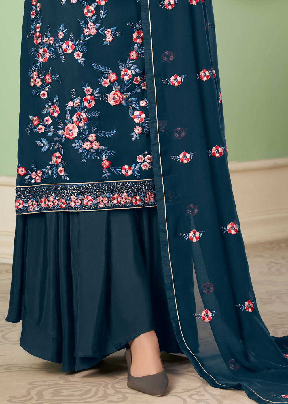 Space Blue Georgette Salwar Suit with Multi Colour Thread Embroidery & Sequence work - qivii