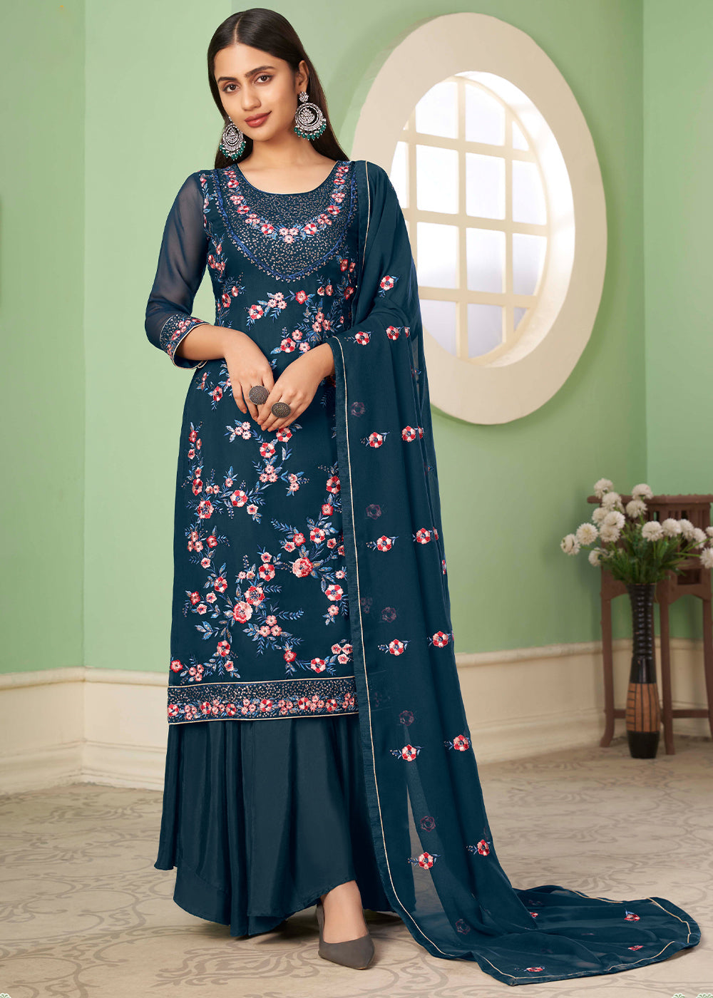 Space Blue Georgette Salwar Suit with Multi Colour Thread Embroidery & Sequence work - qivii