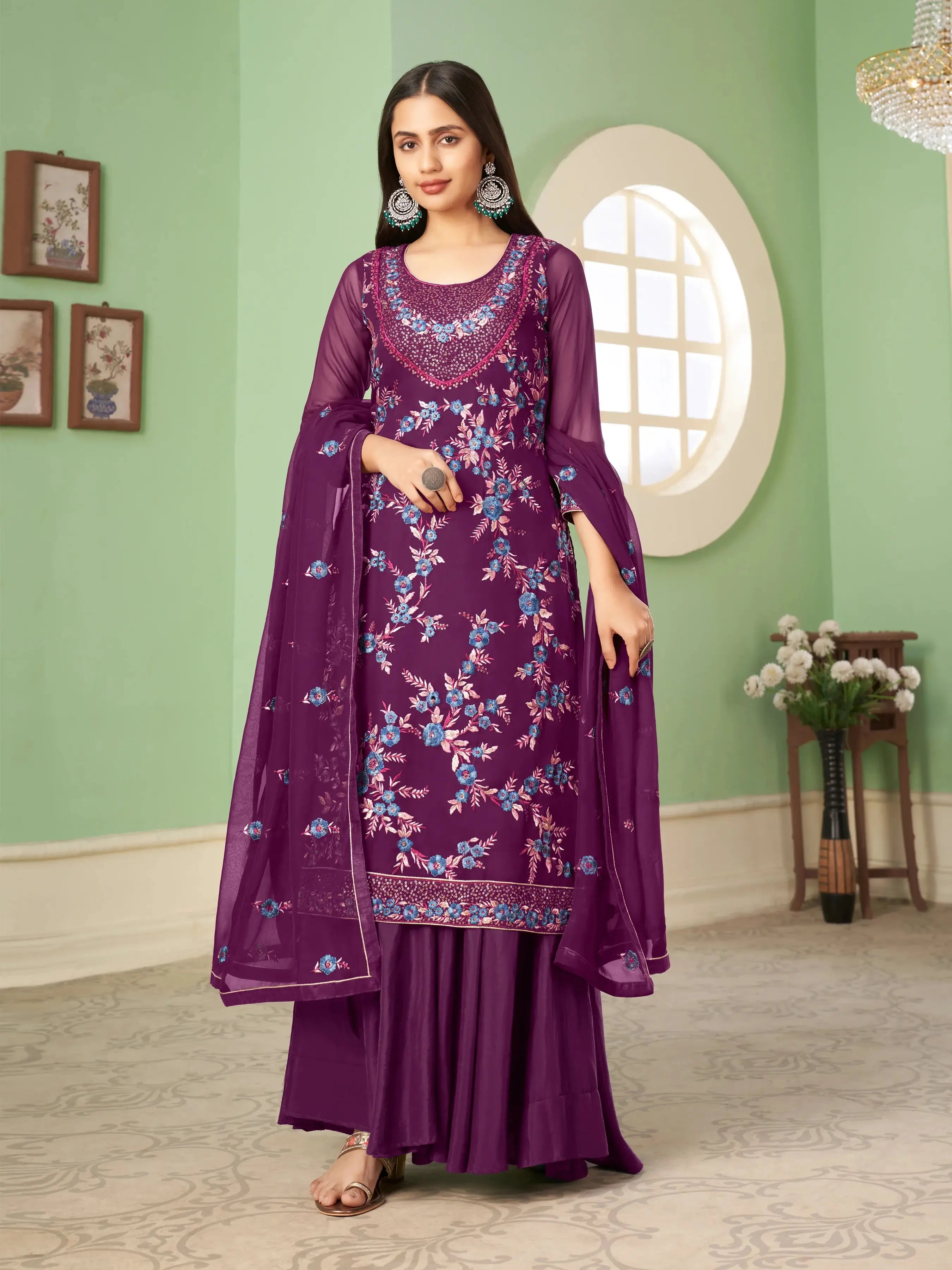 Grape Purple Sequins Embroidery Work Palazzo Suit - qivii