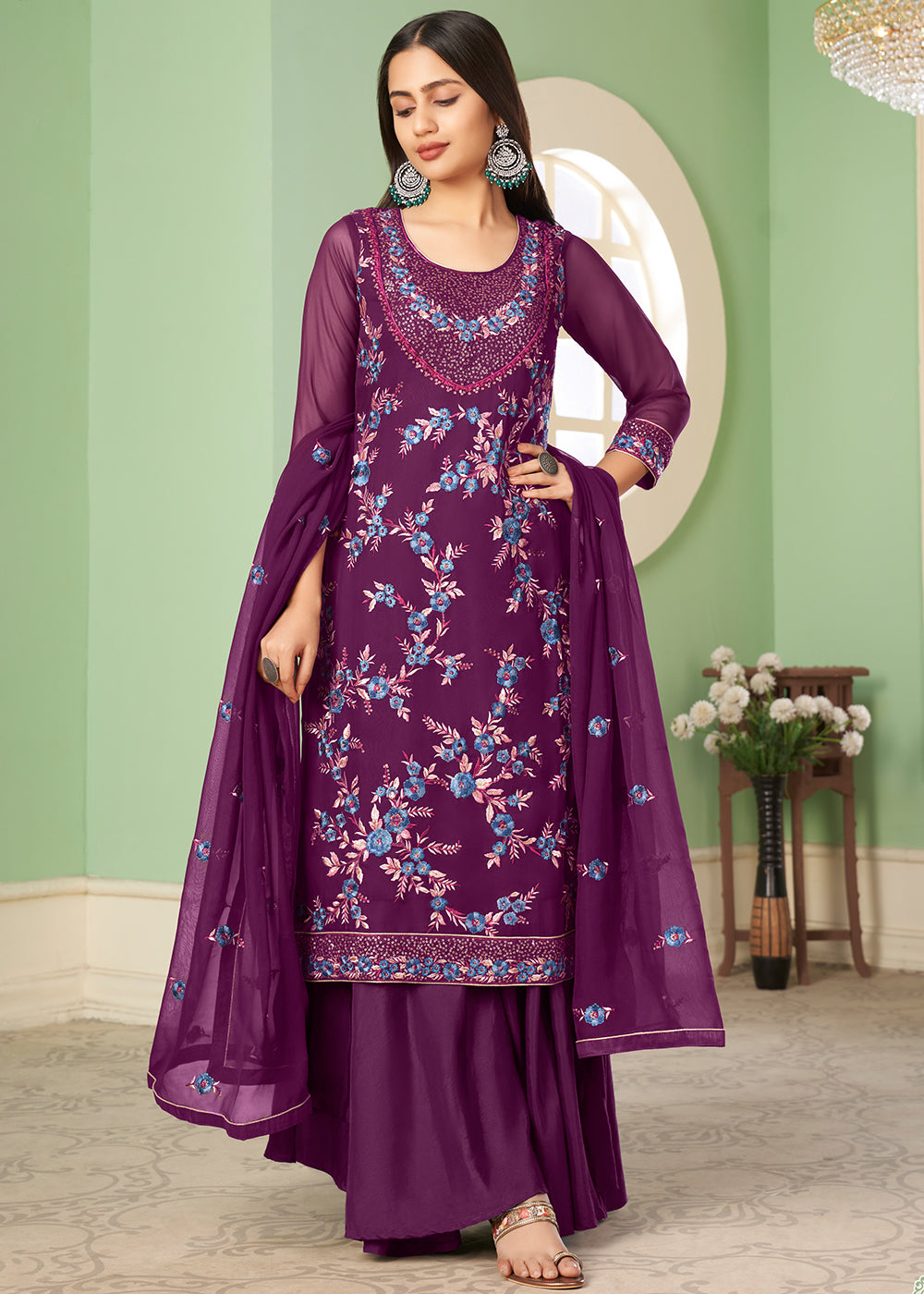 Lollipop Purple Georgette Salwar Suit with Multi Colour Thread Embroidery & Sequence work - qivii
