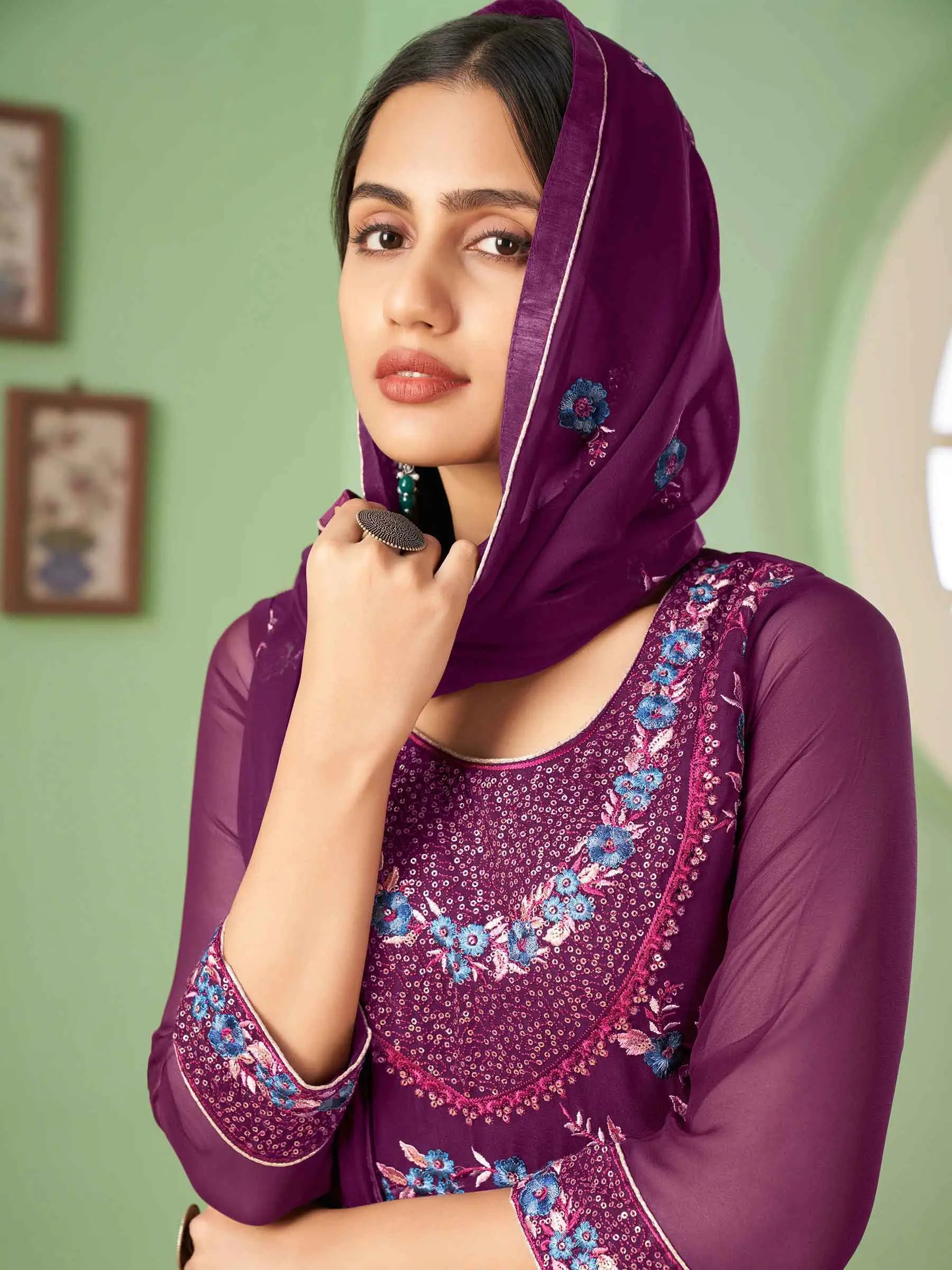 Grape Purple Sequins Embroidery Work Palazzo Suit