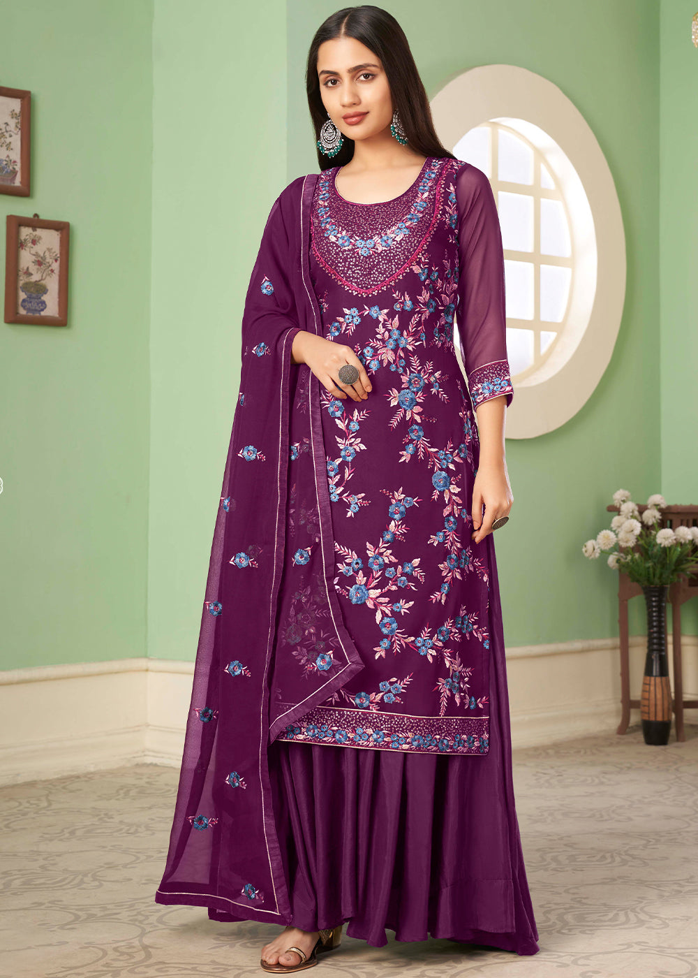 Lollipop Purple Georgette Salwar Suit with Multi Colour Thread Embroidery & Sequence work - qivii