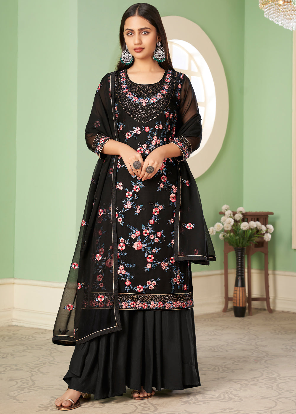 Pitch Black Georgette Salwar Suit with Multi Colour Thread Embroidery & Sequence work - qivii