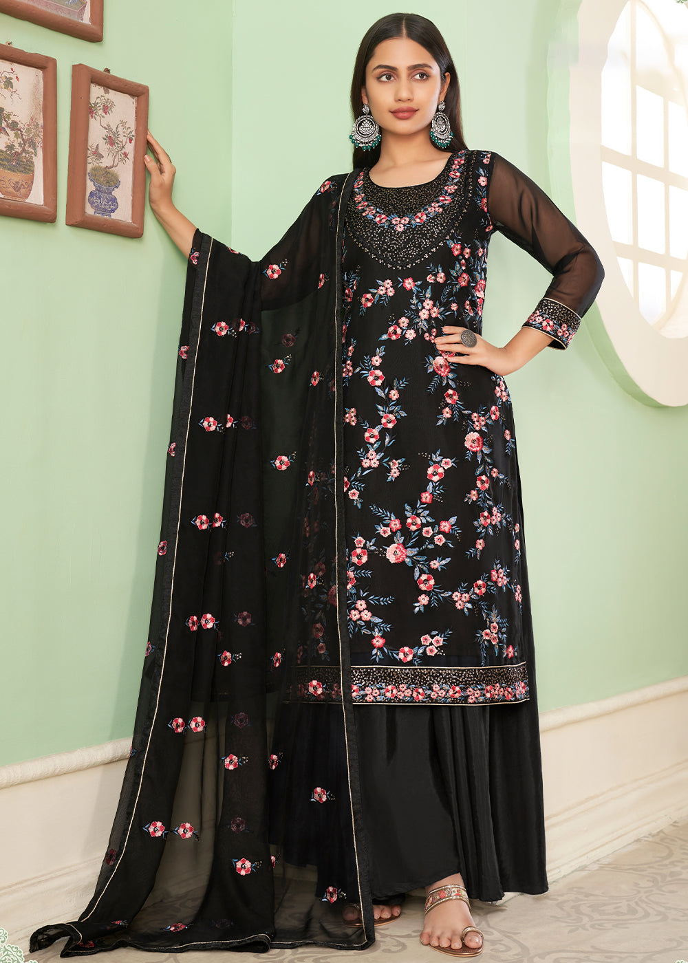 Pitch Black Georgette Salwar Suit with Multi Colour Thread Embroidery & Sequence work - qivii