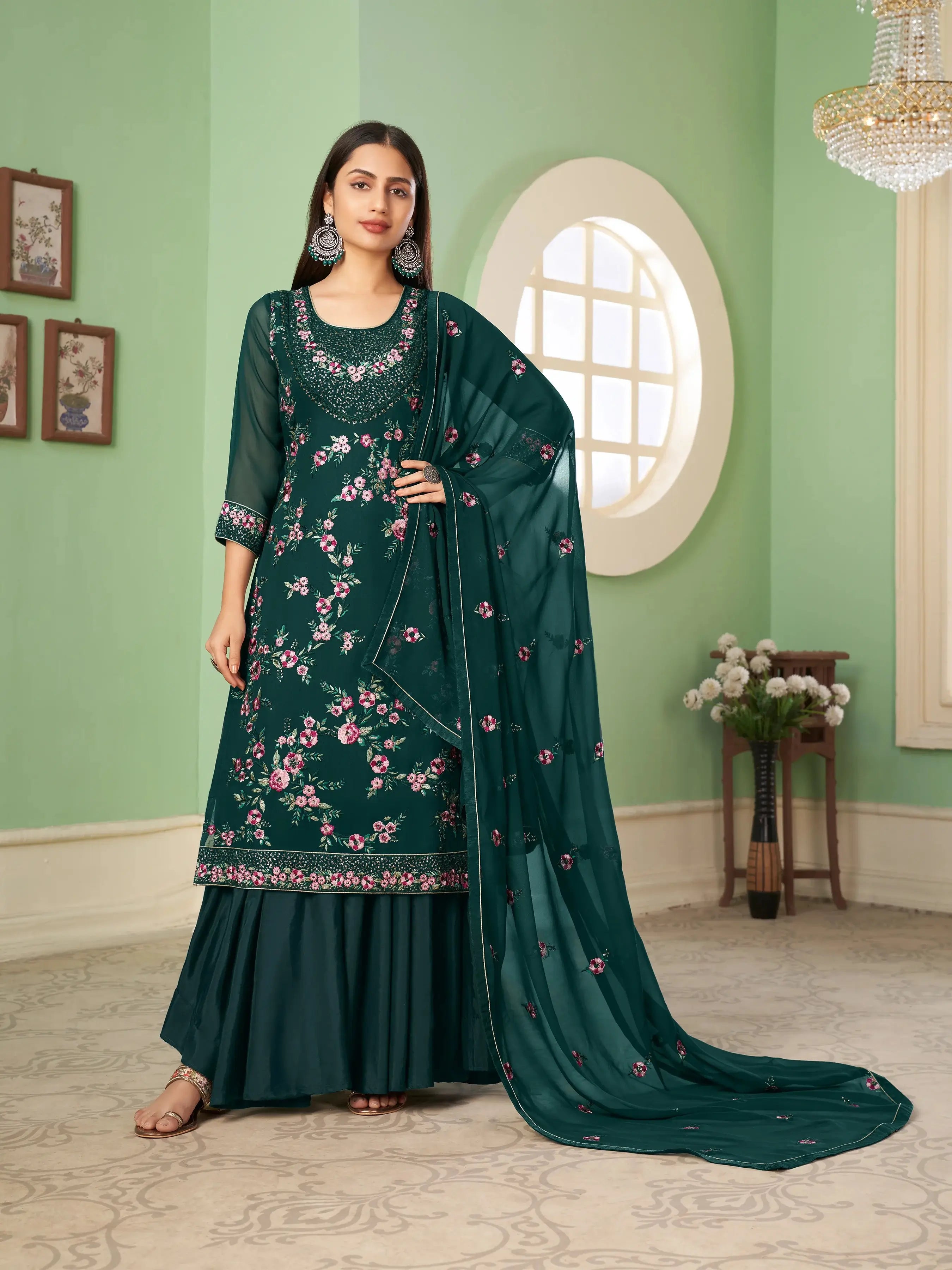 Dark Green Heavy Sequins Embroidery Work Georgette Palazzo Suit - qivii