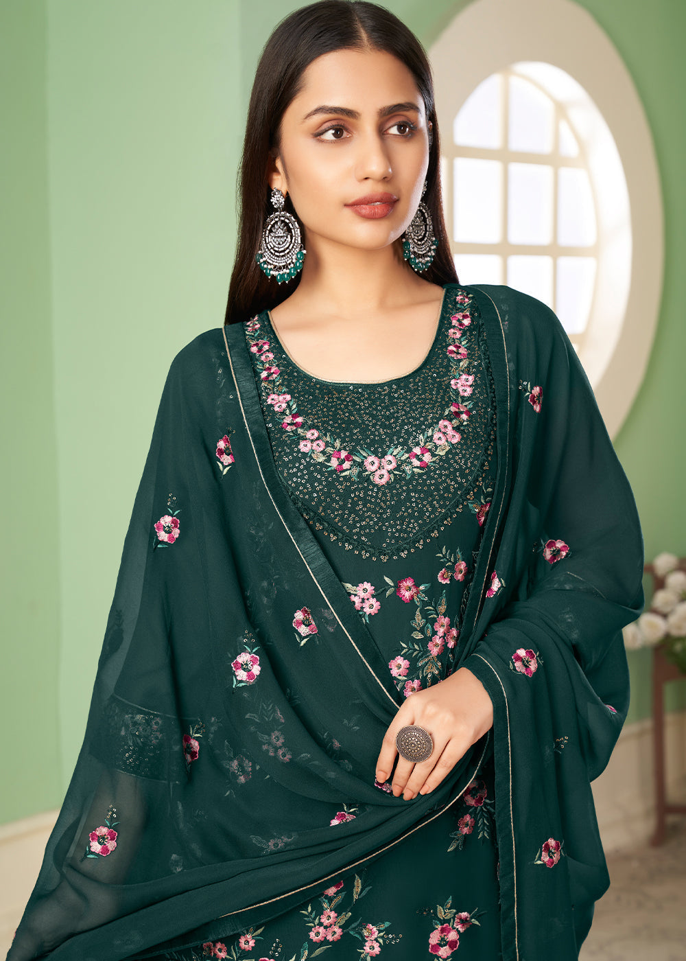 Pine Green Georgette Salwar Suit with Multi Colour Thread Embroidery & Sequence work - qivii