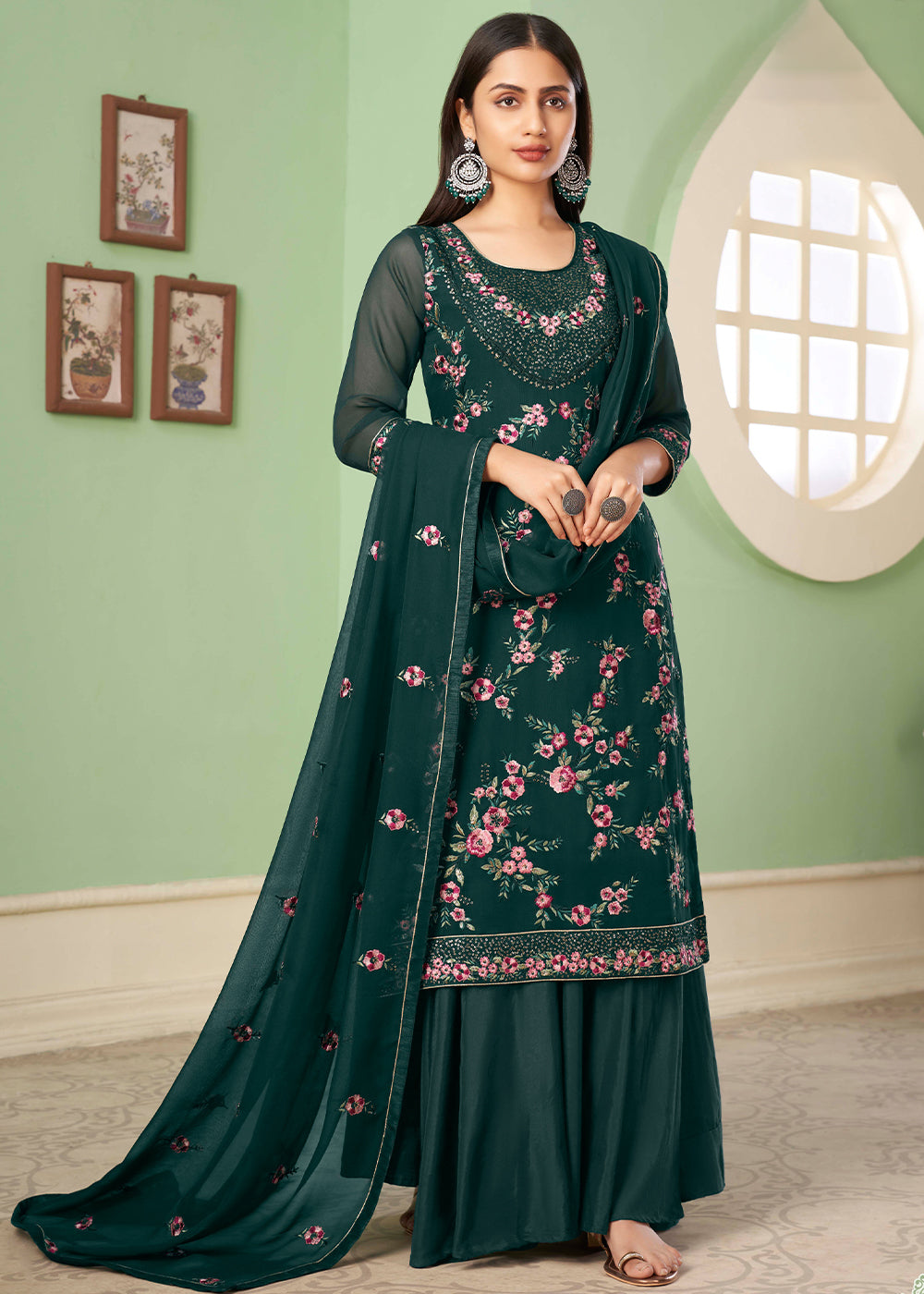Pine Green Georgette Salwar Suit with Multi Colour Thread Embroidery & Sequence work - qivii
