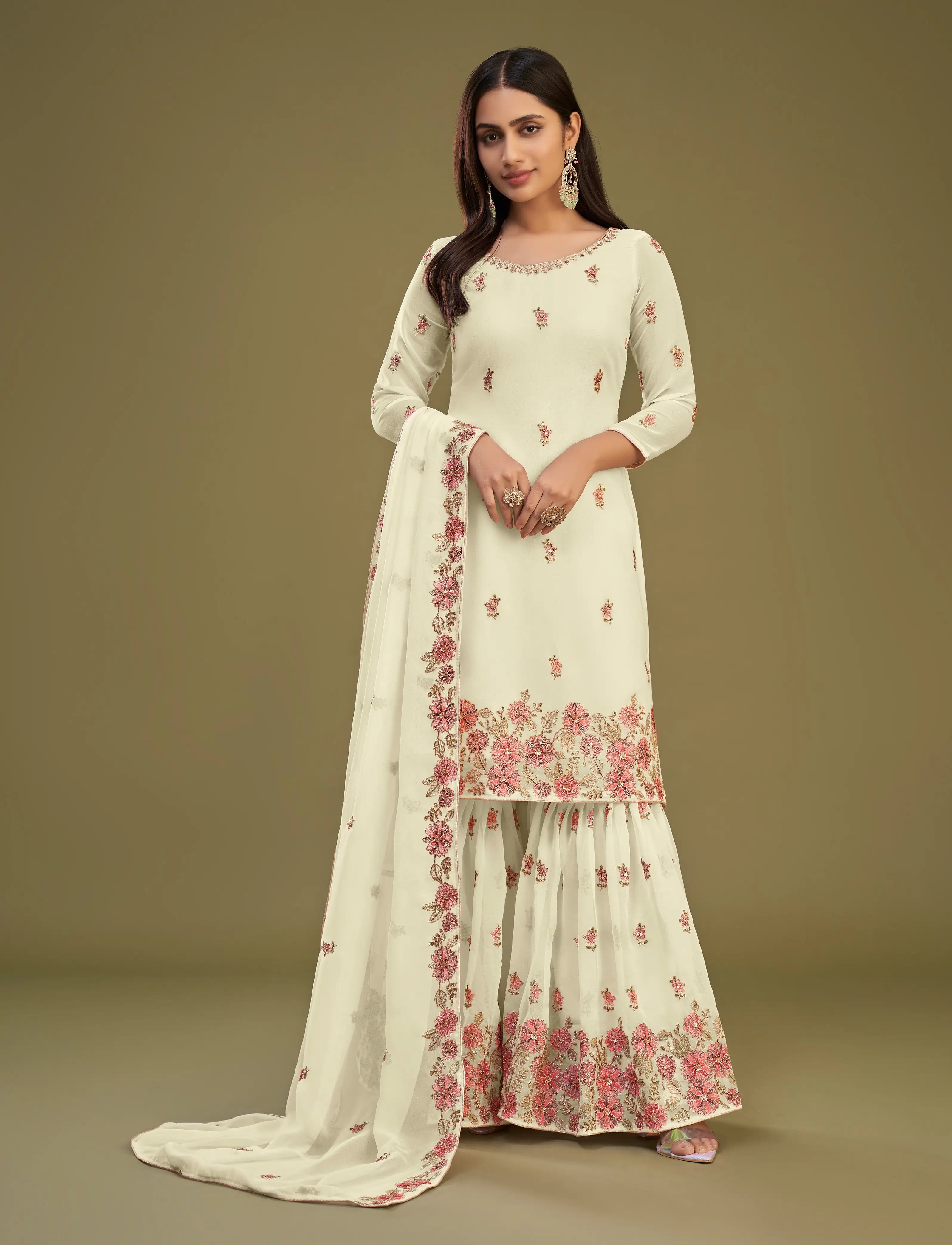 Light Lime Yellow Georgette Multi Thread Embroidery Work Sharara Set With Dupatta - qivii