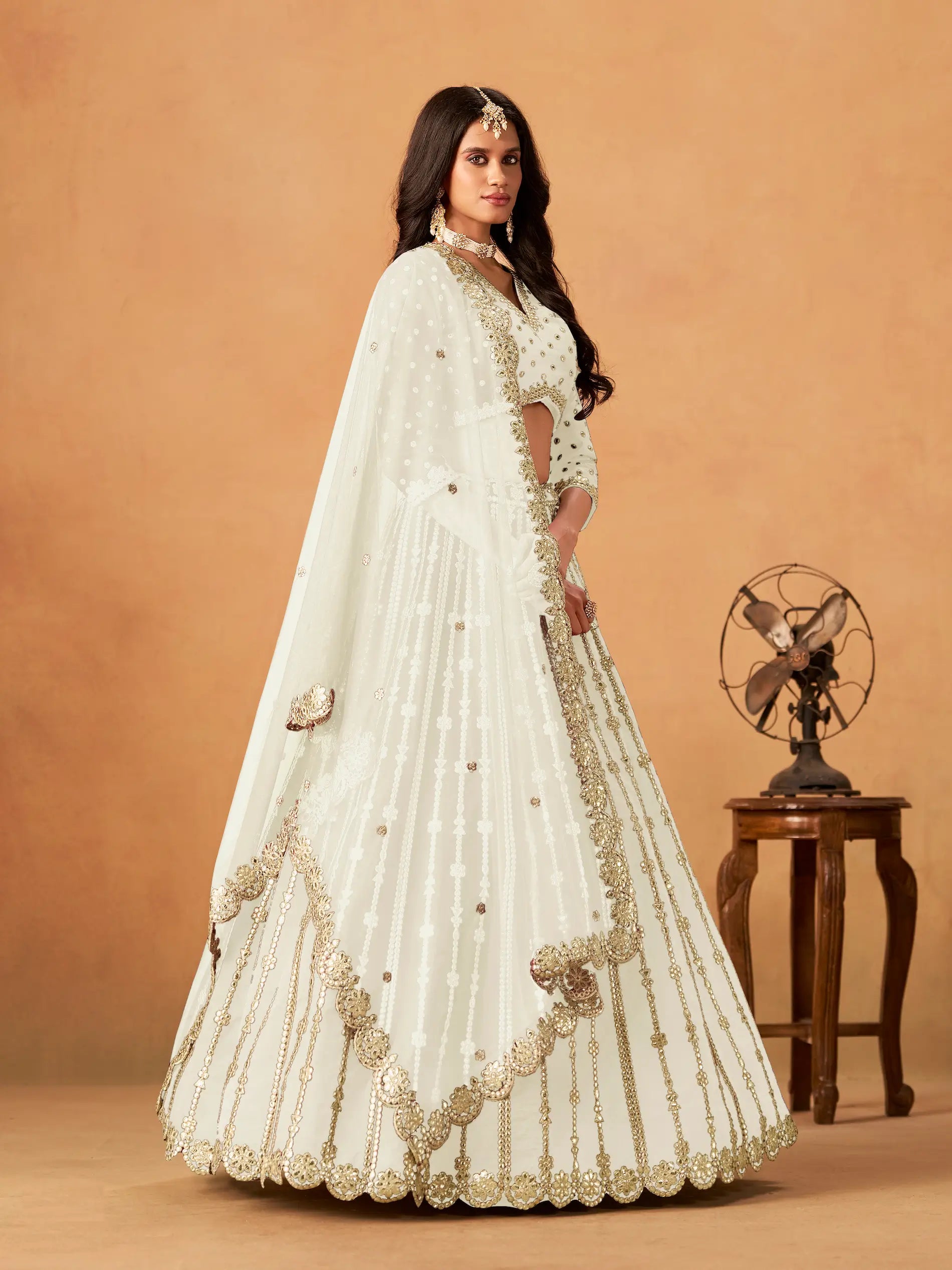 Off White Art Silk Paper Mirror & Embroidery Lehenga Choli - qivii