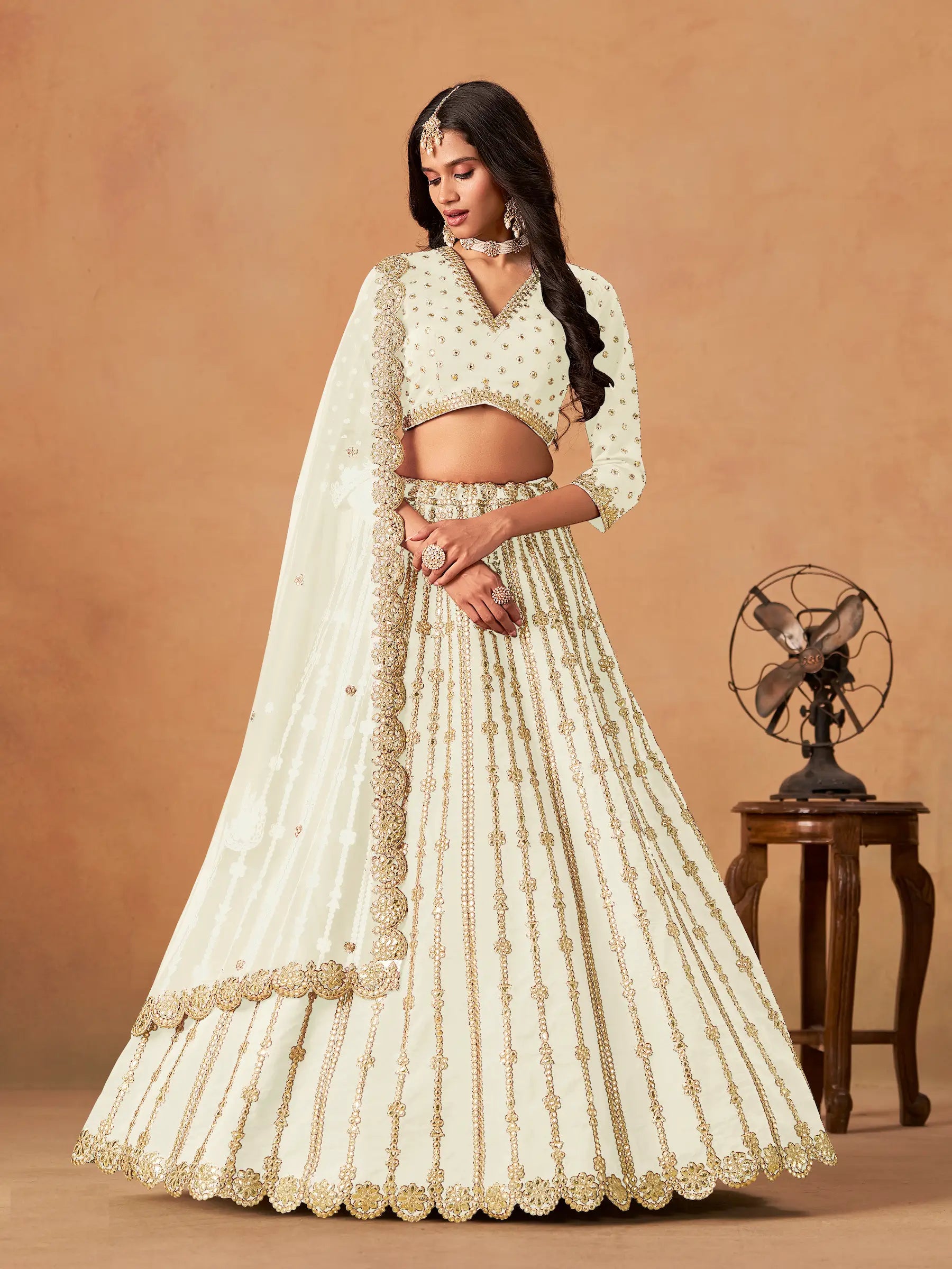 Off White Art Silk Paper Mirror & Embroidery Lehenga Choli - qivii