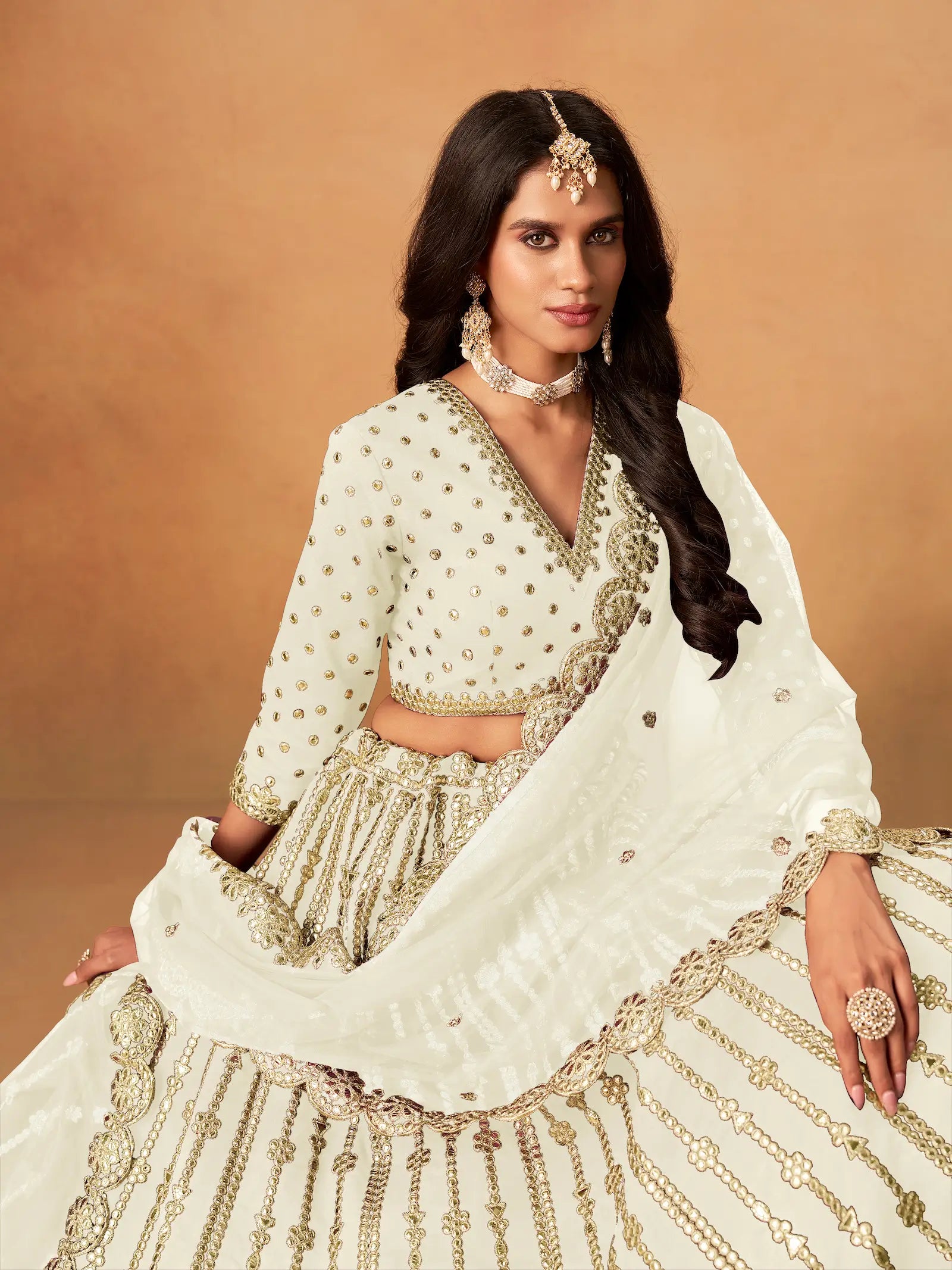 Off White Art Silk Paper Mirror & Embroidery Lehenga Choli - qivii