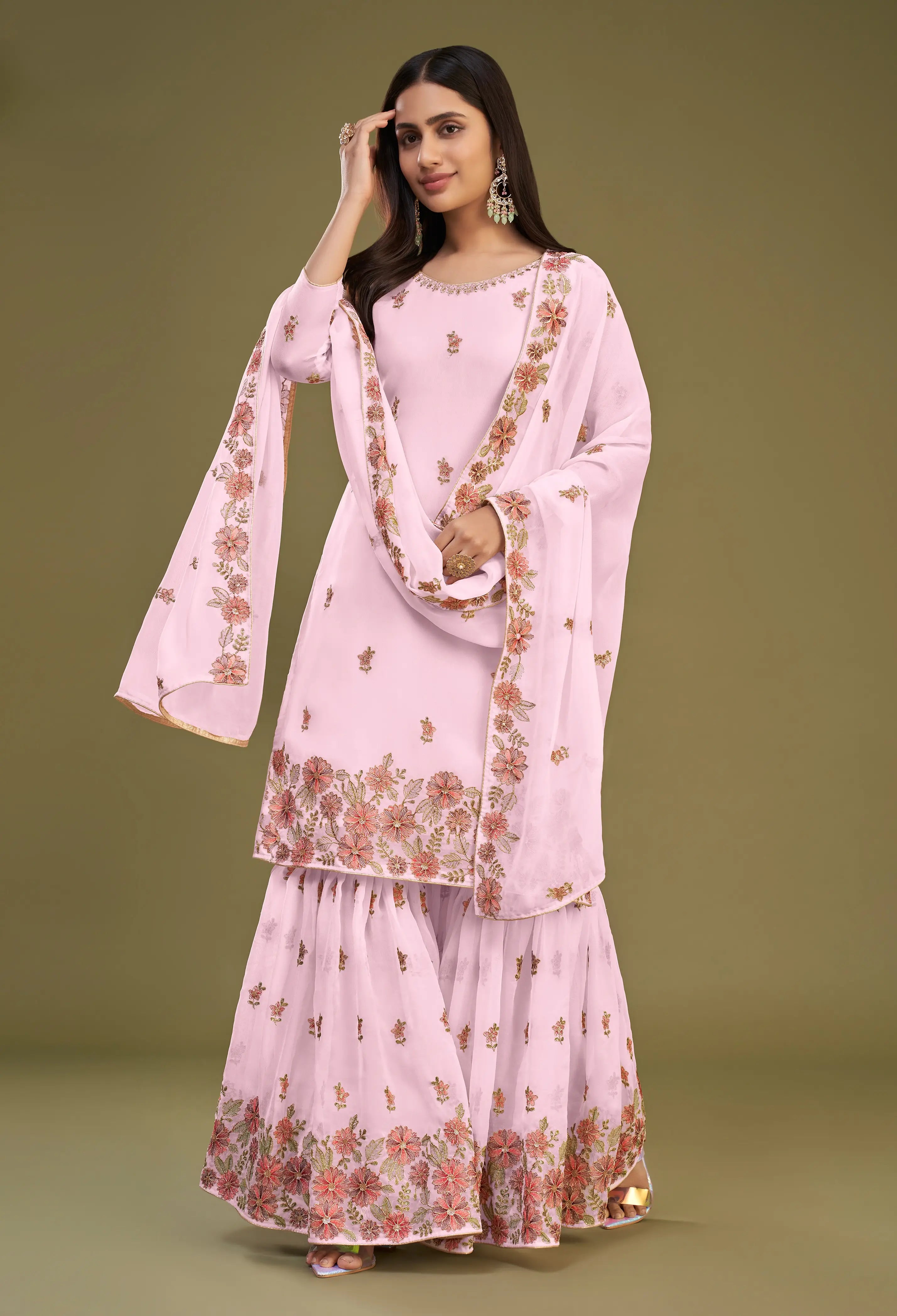 Light Pink Georgette Multi Thread Embroidery Work Sharara Set With Dupatta - qivii