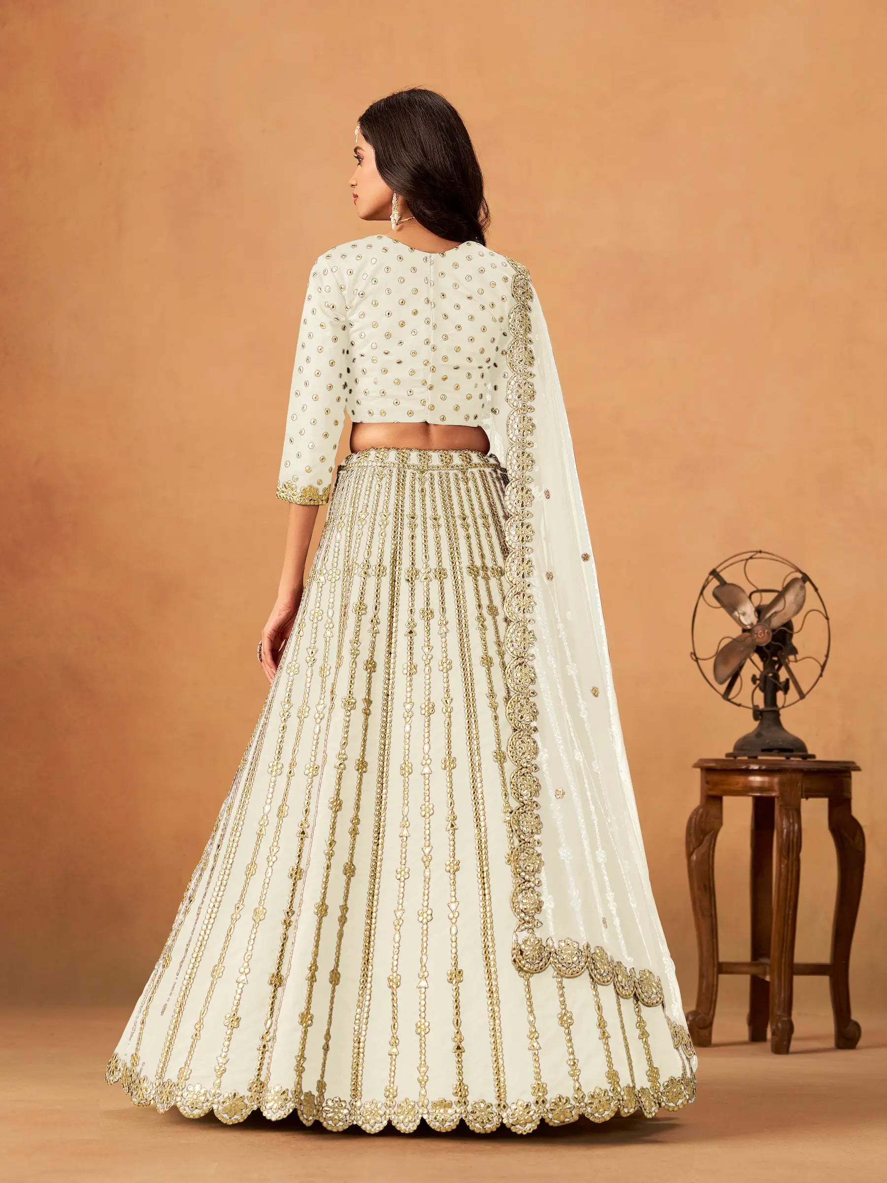 Off White Art Silk Paper Mirror & Embroidery Lehenga Choli - qivii