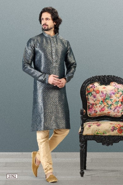 Men's Grey Jacquard Banarasi Silk Pintux Work Kurta Pajama Set