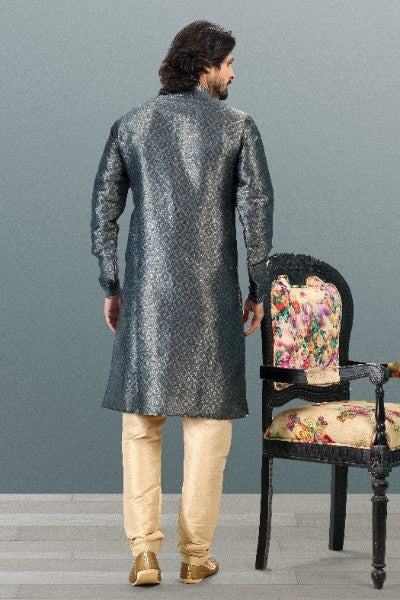 Men's Grey Jacquard Banarasi Silk Pintux Work Kurta Pajama Set