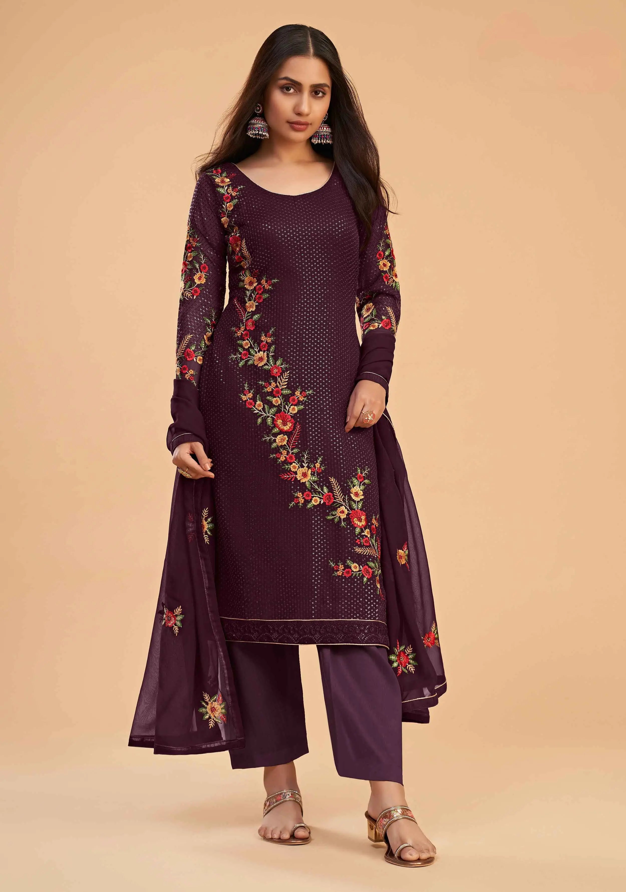 Wine Georgette Sequins Embroidery Work Salwar Suit With Dupatta - qivii