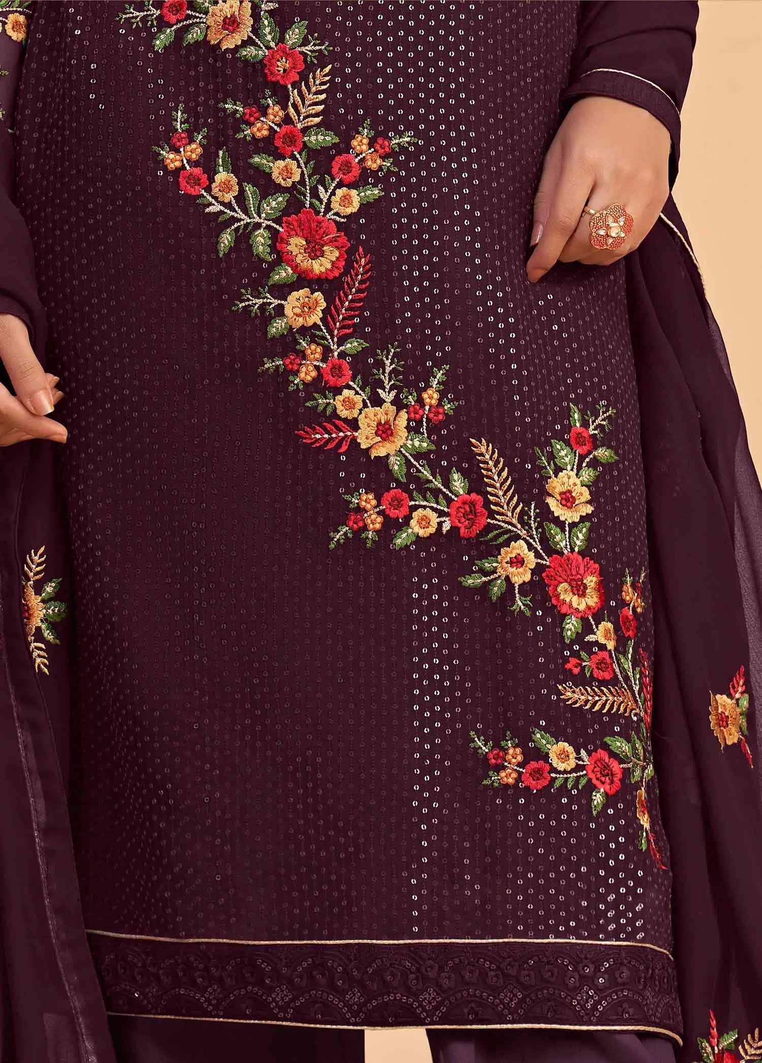 Wine Georgette Sequins Embroidery Work Salwar Suit With Dupatta - qivii