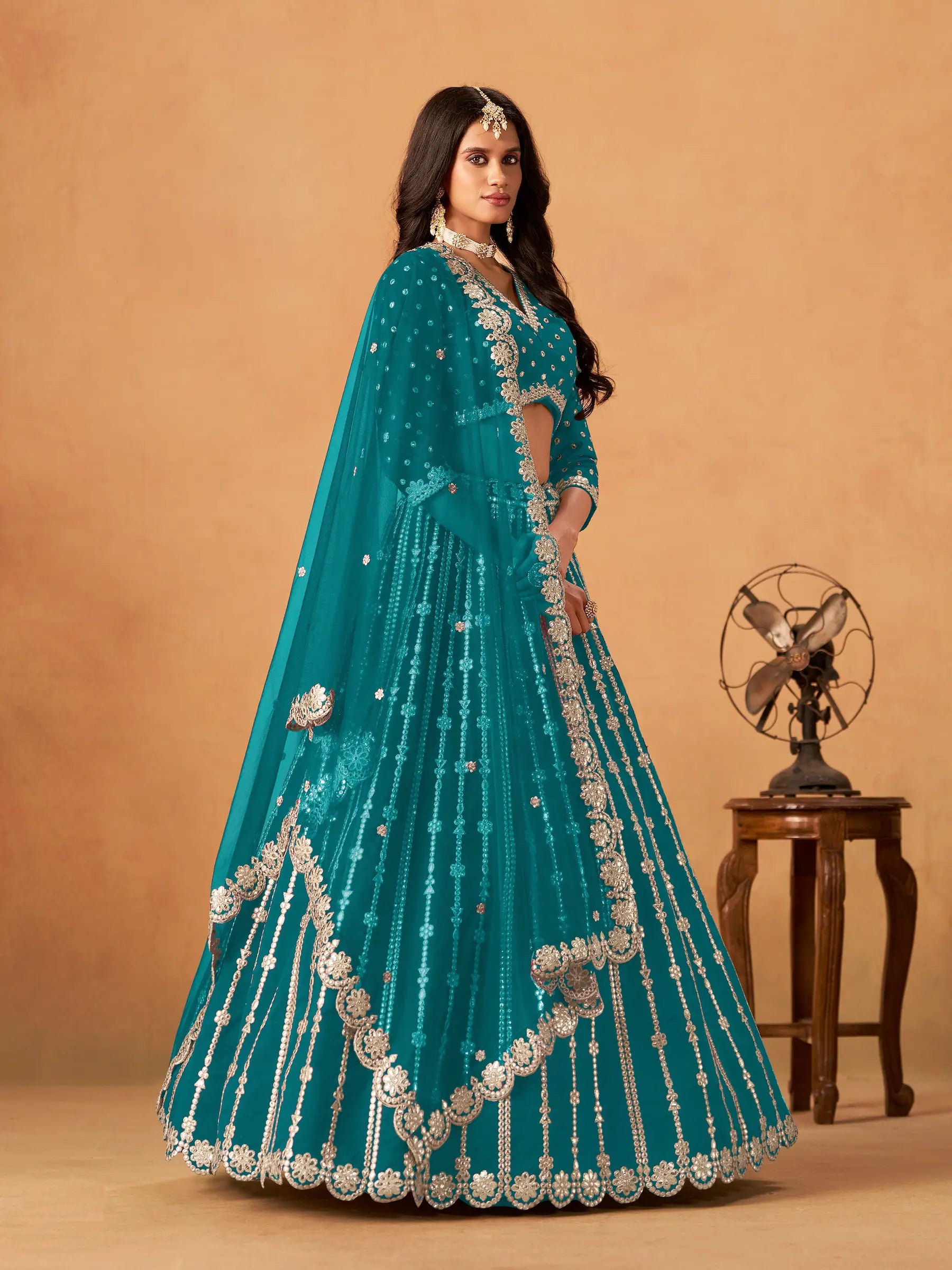 Teal Blue Art Silk Paper Mirror & Embroidery Lehenga Choli - qivii