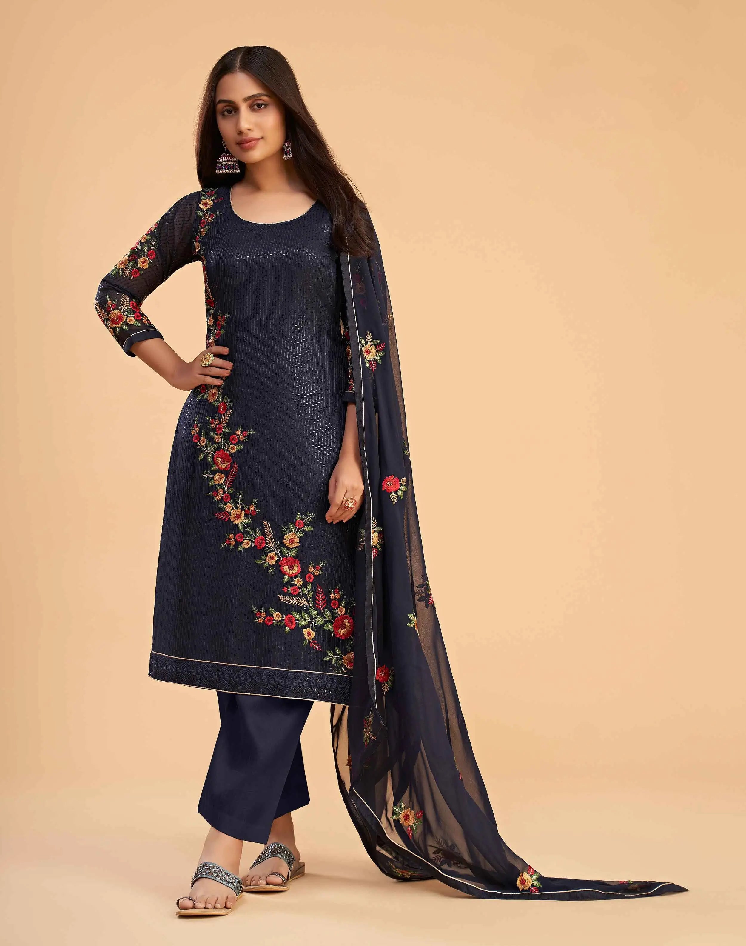 Navy Blue Georgette Sequins Embroidery Work Salwar Suit With Dupatta - qivii