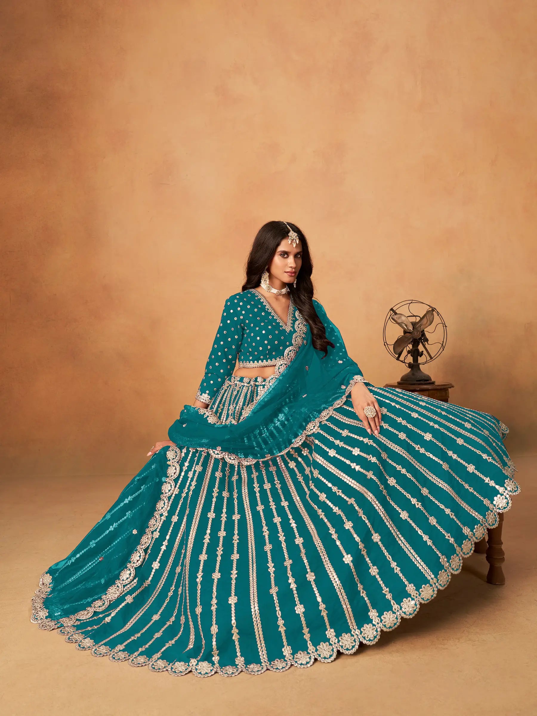 Teal Blue Art Silk Paper Mirror & Embroidery Lehenga Choli - qivii