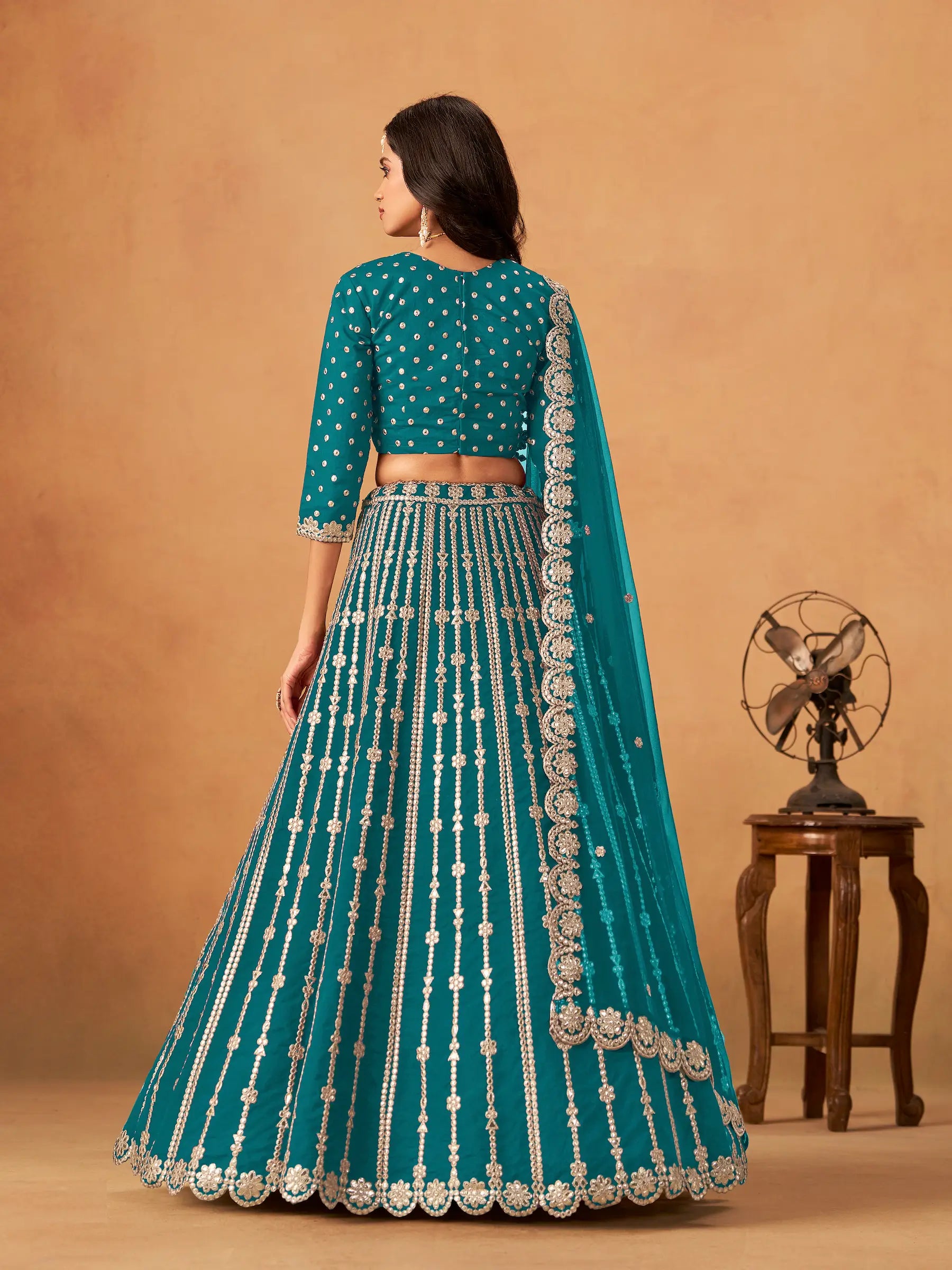 Teal Blue Art Silk Paper Mirror & Embroidery Lehenga Choli - qivii