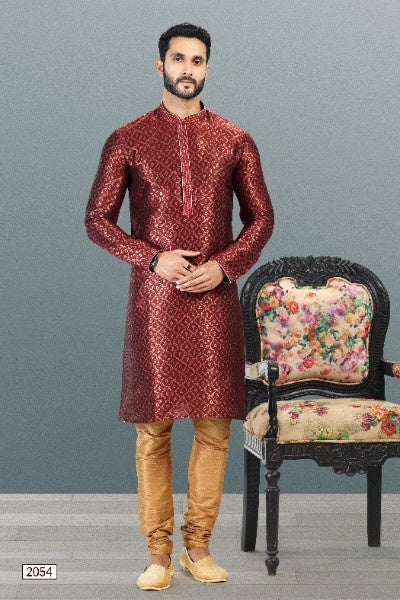 Men's Maroon Jacquard Banarasi Silk Pintux Work Kurta Pajama Set