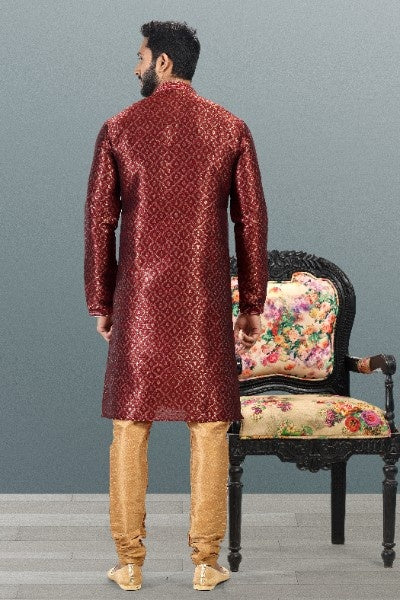 Men's Maroon Jacquard Banarasi Silk Pintux Work Kurta Pajama Set