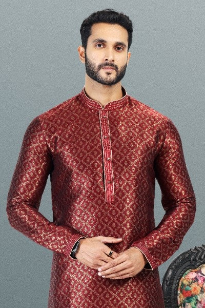 Men's Maroon Jacquard Banarasi Silk Pintux Work Kurta Pajama Set