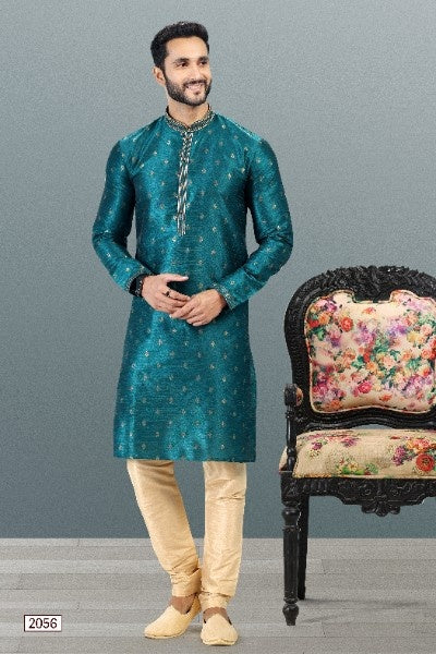 Men's Teal Green Jacquard Banarasi Silk Pintux Work Kurta Pajama Set