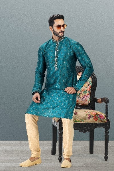 Men's Teal Green Jacquard Banarasi Silk Pintux Work Kurta Pajama Set