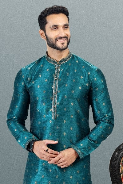 Men's Teal Green Jacquard Banarasi Silk Pintux Work Kurta Pajama Set