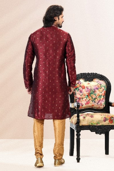 Men's Wine Jacquard Banarasi Silk Pintux Work Kurta Pajama Set